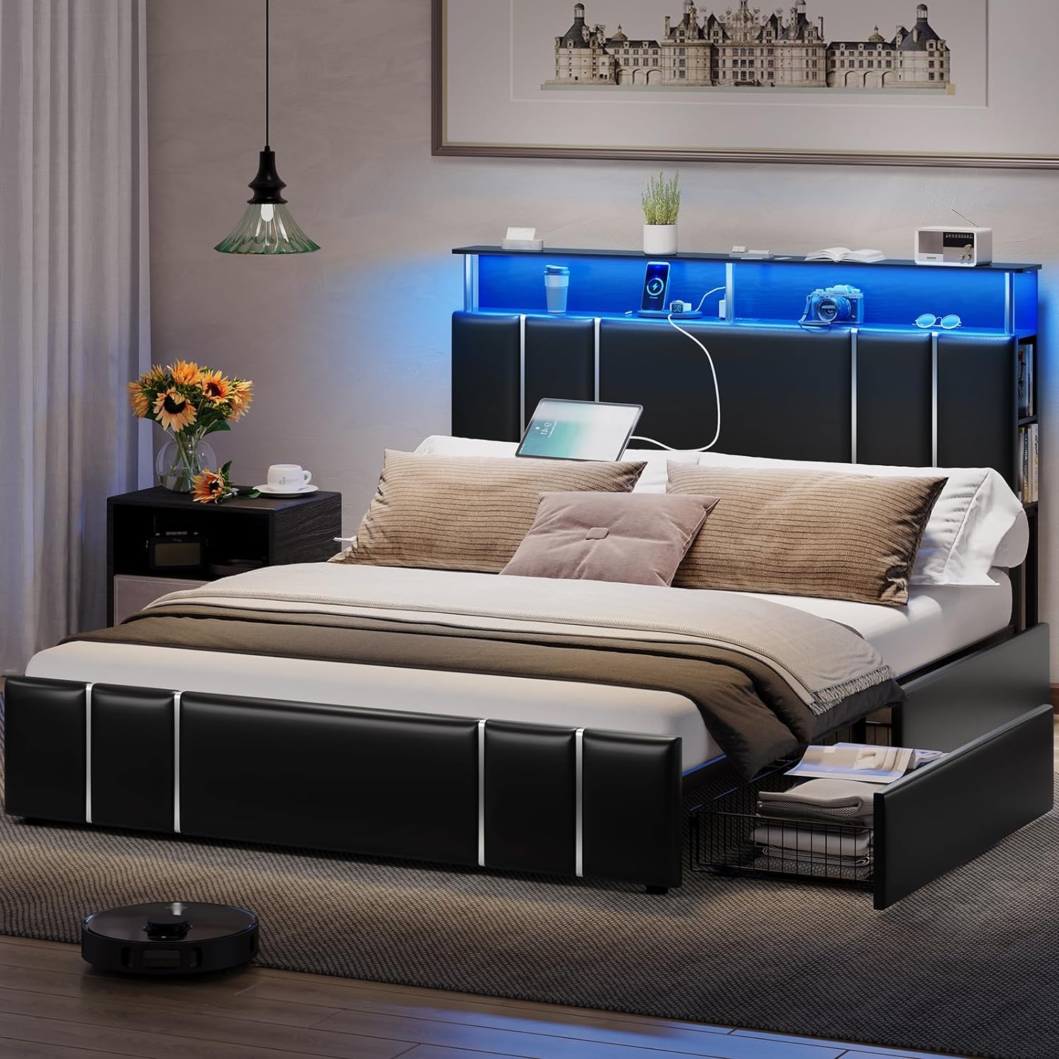 VIAGDO Bed Frame Full Size with Bookcase Headboard and 4 Storage Drawers, Leather Upholstered Full Bed Frame with Charging Station and LED Lights, Silver Iron Decor, No Box Spring Needed, Black