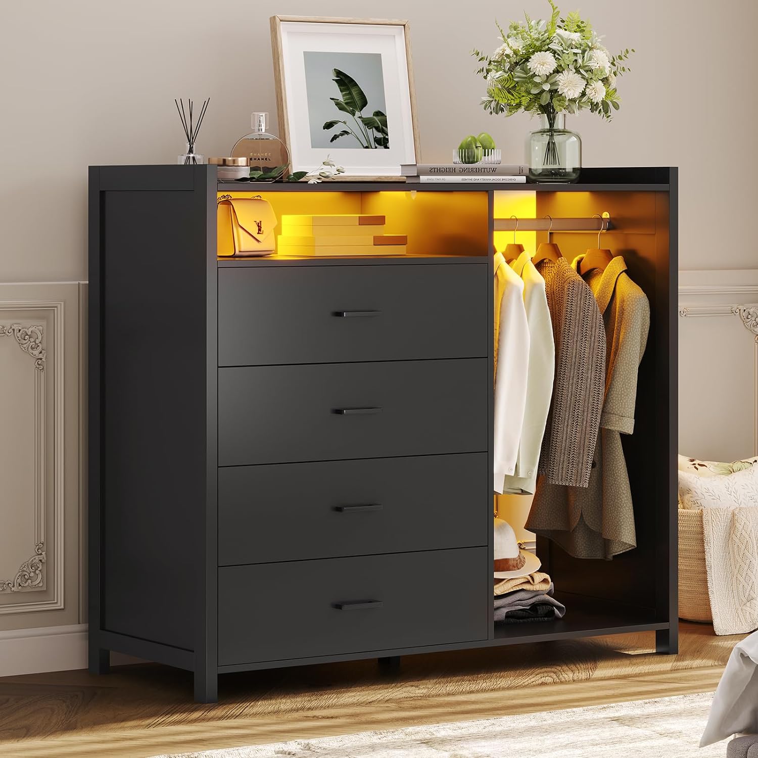 VIAGDO Dresser for Bedroom with Clothes Rail, Chest of 4 Drawers with LED Lights, Modern Black Dresser with Open Storage Space for Bedroom Entryway, Large Capacity