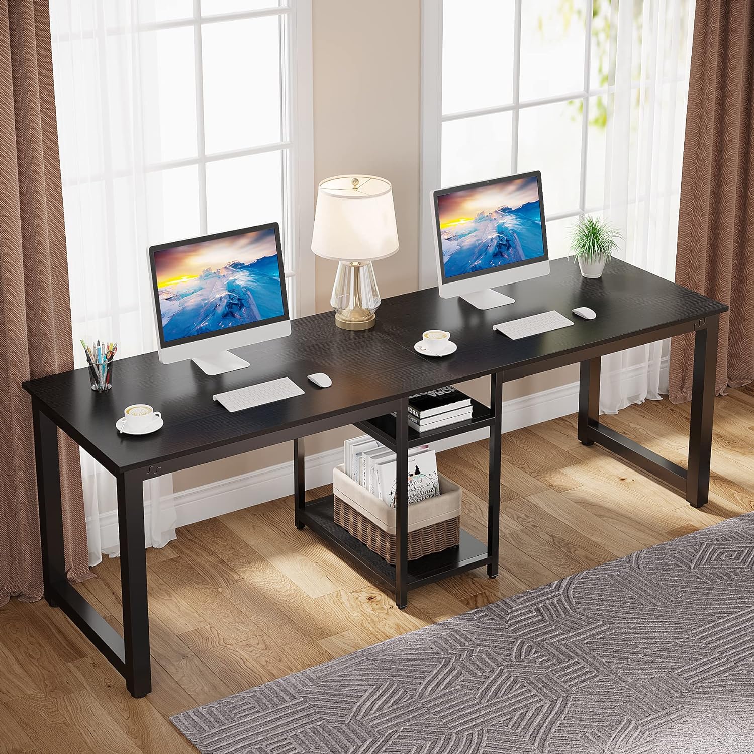 Tribesigns 78 Inches Computer Desk, Extra Large Two Person Office Desk with Shelf, Double Workstation Desk for Home Office(Black)