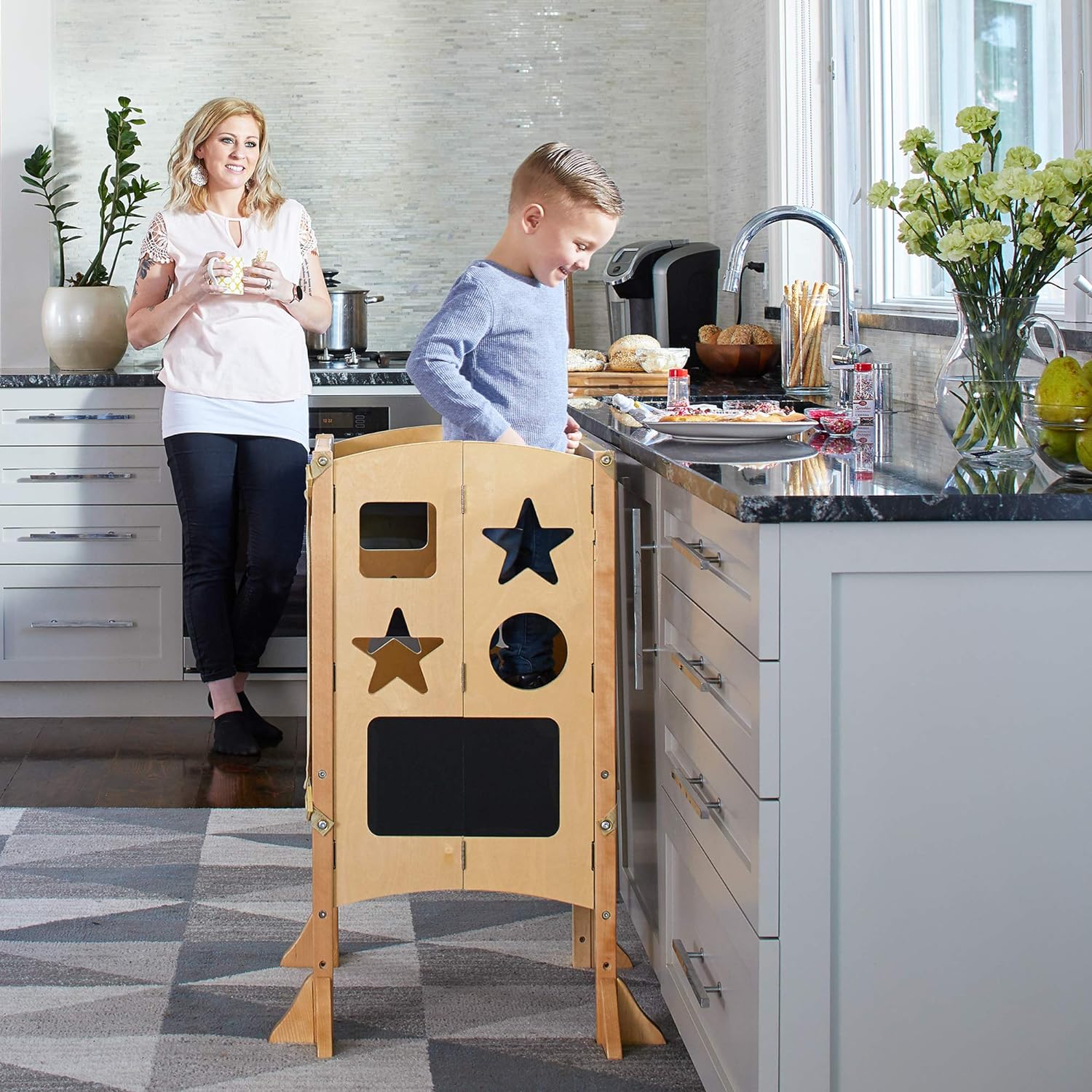 Guidecraft Classic Kitchen Helper Stool and 2 Keepers - Natural: Wooden Adjustable Height, Folding Kitchen Step Stool for Toddlers, Chalkboard and Whiteboard Message Boards, Supports Up to 125lbs