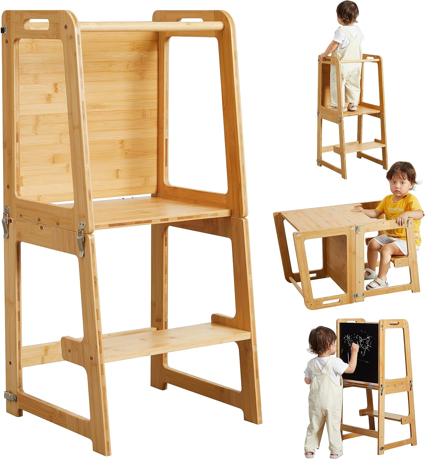 4-in-1 Standing Tower for Toddlers and Kids 1-6 Years, Bamboo Kitchen Learning Helper Stool with Chalkboard, Desk Table, and Chair (Natural)