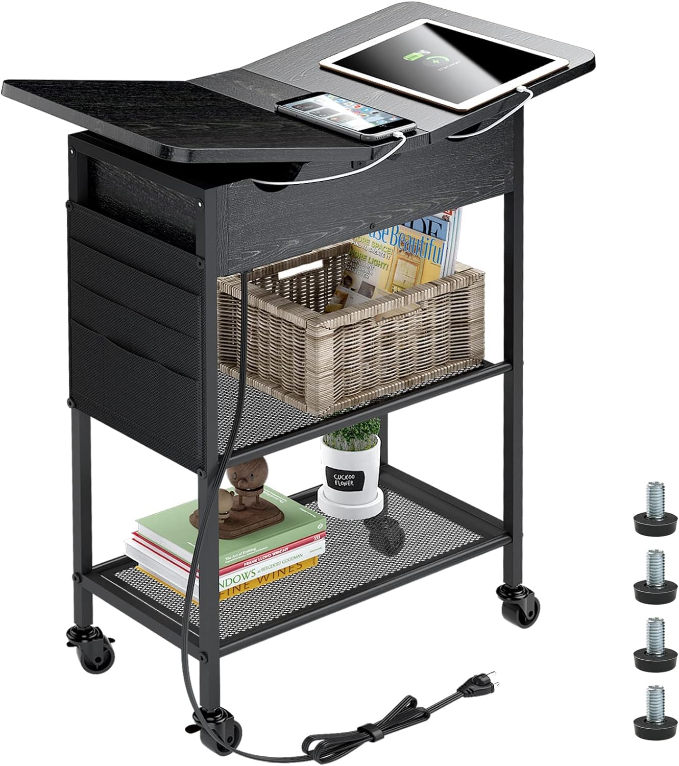 SAUCE Zhhan Black 23L x 11.5W x 25.6H End Table with 2 Shelves, 2 USB Outlets and 4 Rolling Casters