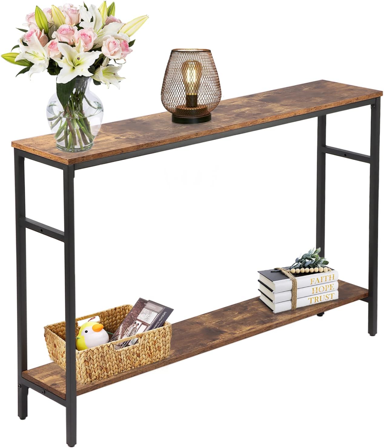 Narrow Console Table, 47 Inch Sofa Table with Adjustable Shelf, 2-Tier Long Skinny Table for Hallway, Entryway, Living Room, Foyer, Rustic Brown