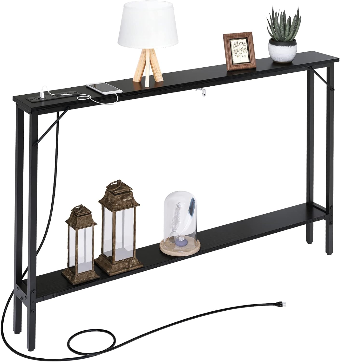 SAUCE ZHAN Sofa Table with Outlet and USB Port, 47 Console Behind Couch Table with Steel Frame, Narrow Entryway Table for Living Room, Foyer, Hallway, Entry, Black