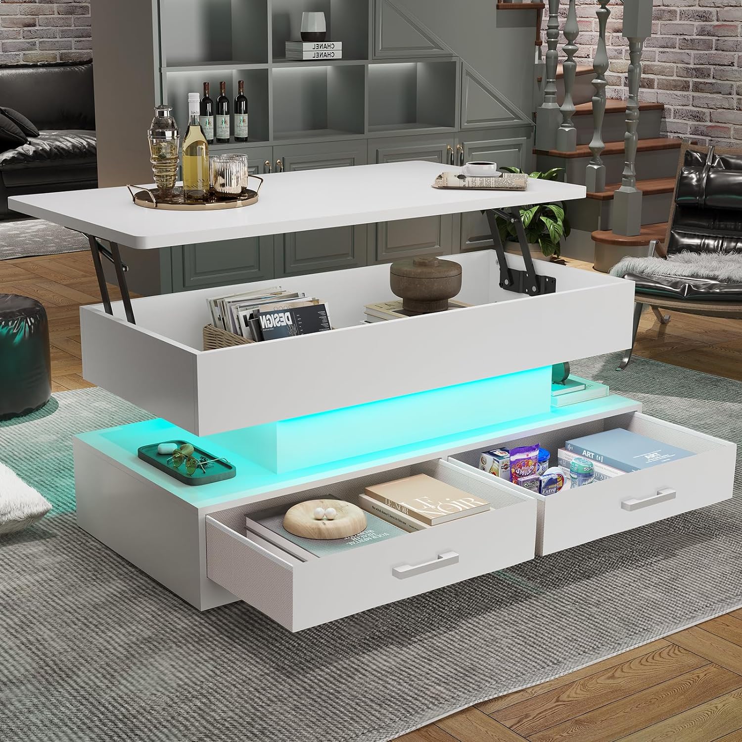 SEDETA 40 Lift Top Coffee Table, Coffee Tables with Storage for Living Room, Small Coffee Table with 2 Fabric Drawers & LED Light for Dining Reception Room, White