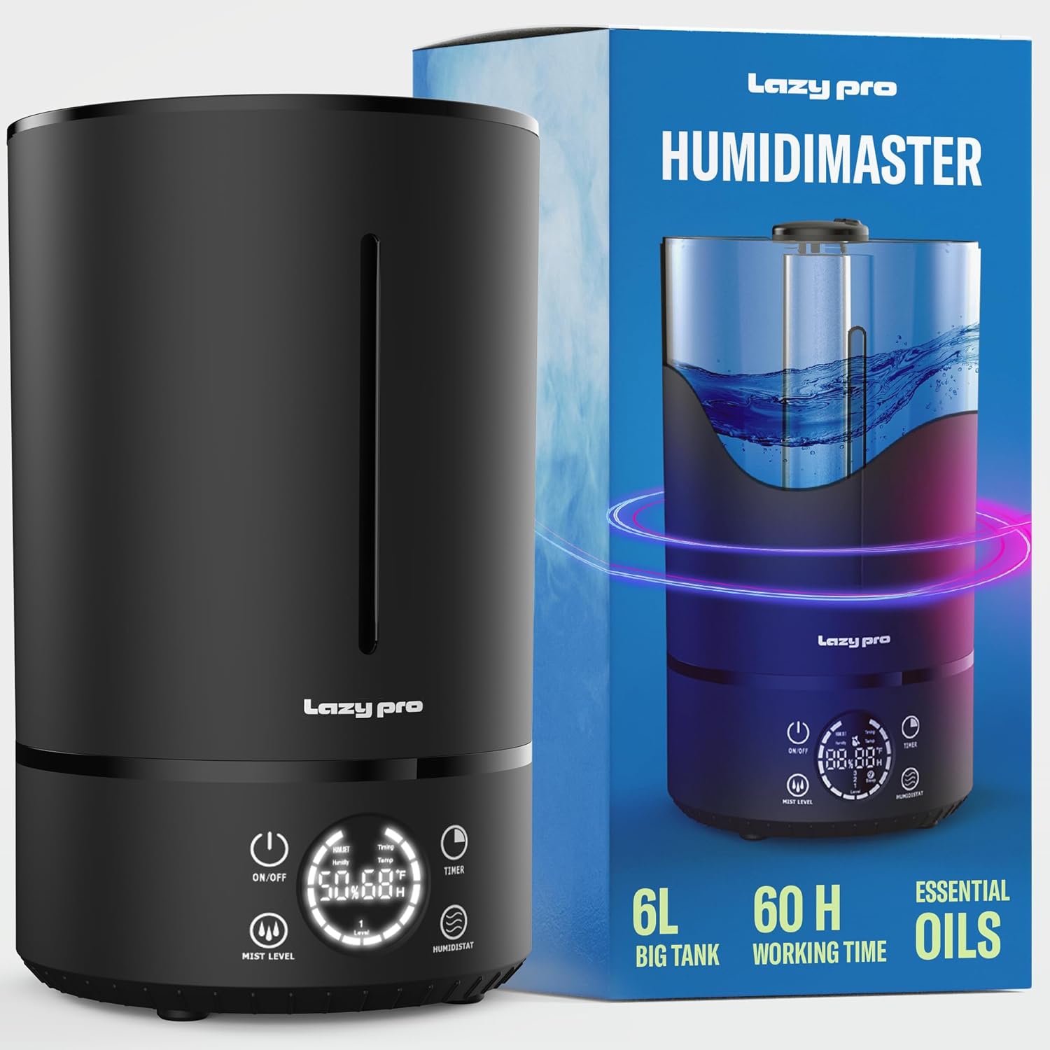 HUMIDIMASTER 6L Cool Mist Humidifiers for Bedroom Large Rooms, Small Humidifier 1.6 Gallon Top Fill Ultrasonic Humidifier, Quiet Effective for Home - 60 hours, 360 for Babies, Essential Oils Diffuser