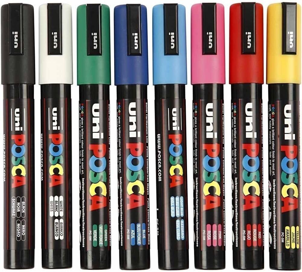 Uni-Ball POSCA PC-5M [8 Pen Set] includes 1 of each - Black, White, Pink, Red, Yellow, Green, Blue and Light Blue