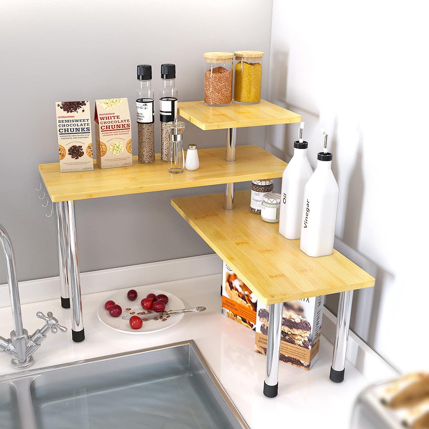 SAUCE ZHAN 3 Tier Over The Sink Shelf, Kitchen Countertop Organizer, Bathroom Shelves, Space Saving Kitchen Spice Rack, Perfume and Coffee Bar Organizer Corner Stand Desktop Shelf for Office