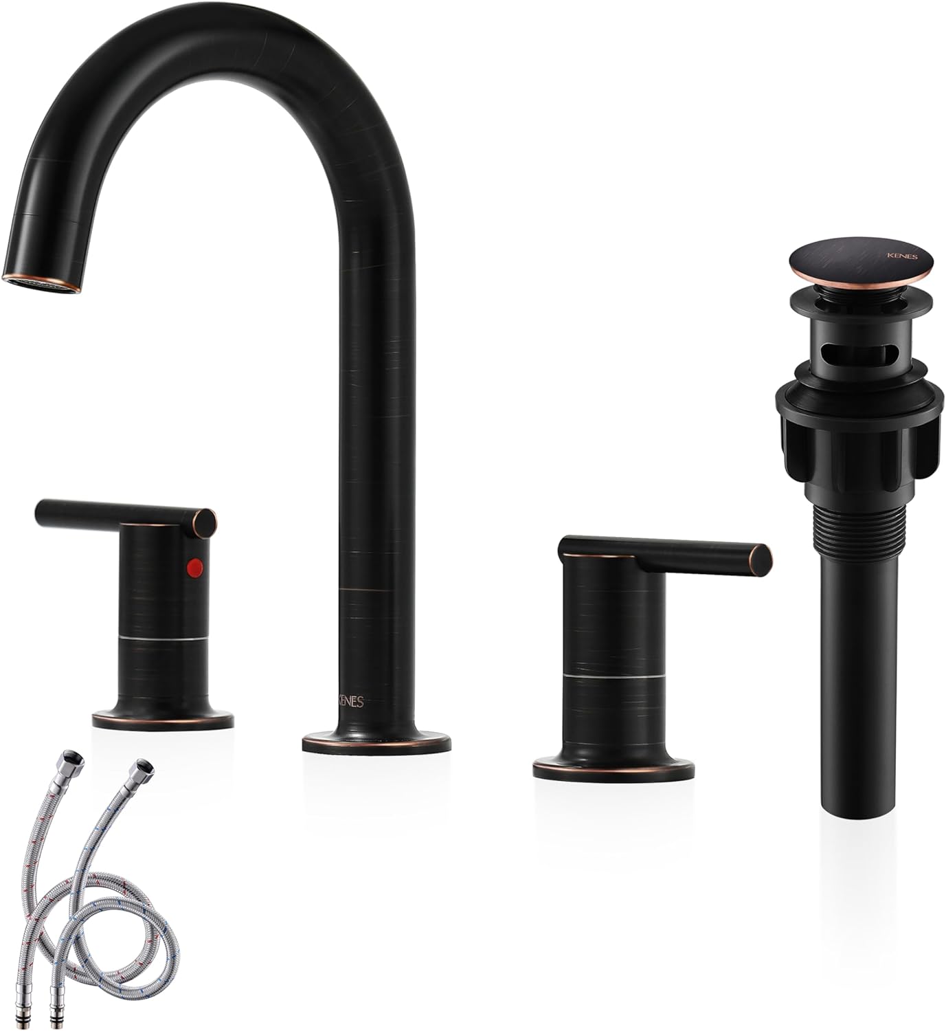 KENES Oil Rubbed Bronze Widespread Bathroom Faucet Two Handle, 8-Inch 3 Pieces Bathroom Vanity Faucet 3 Hole Lavatory Faucet with Supply Lines, LJ-9018-8