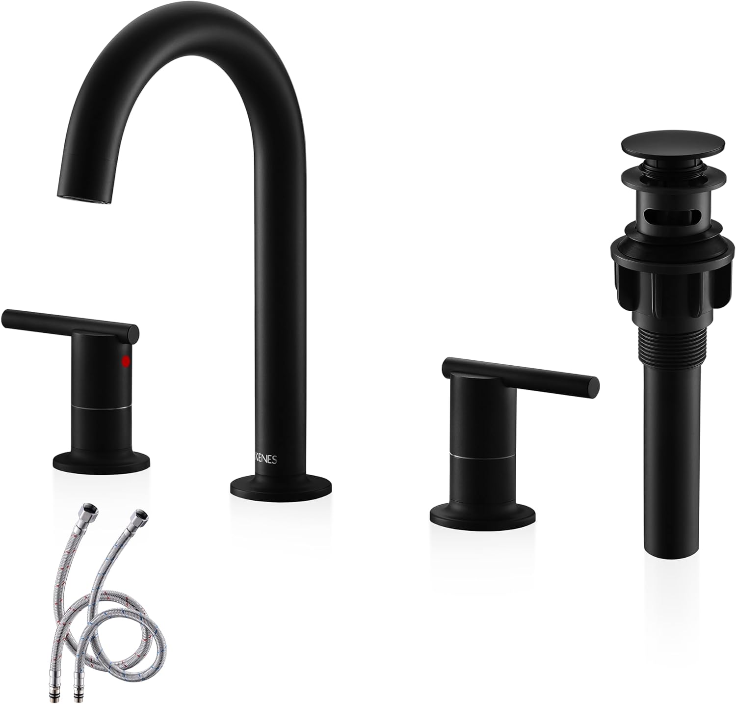 KENES Matte Black Two Handle 8 Inch Widespread Bathroom Faucet, Black Bathroom Sink Faucet 3 Hole Lavatory Vanity Faucet with Pop Up Drain & Water Supply Hoses LJ-9018-2