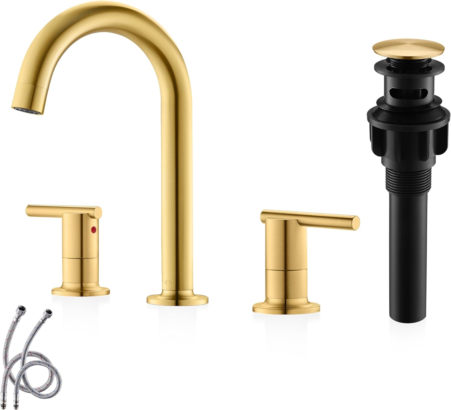 KENES Brushed Gold Two Handle 8 Inch Widespread Bathroom Sink Faucet, Gold High Arc Lavatory Vanity Sink Faucet 3 Hole with Pop Up Drain & Water Supply Hoses LJ-9018-4