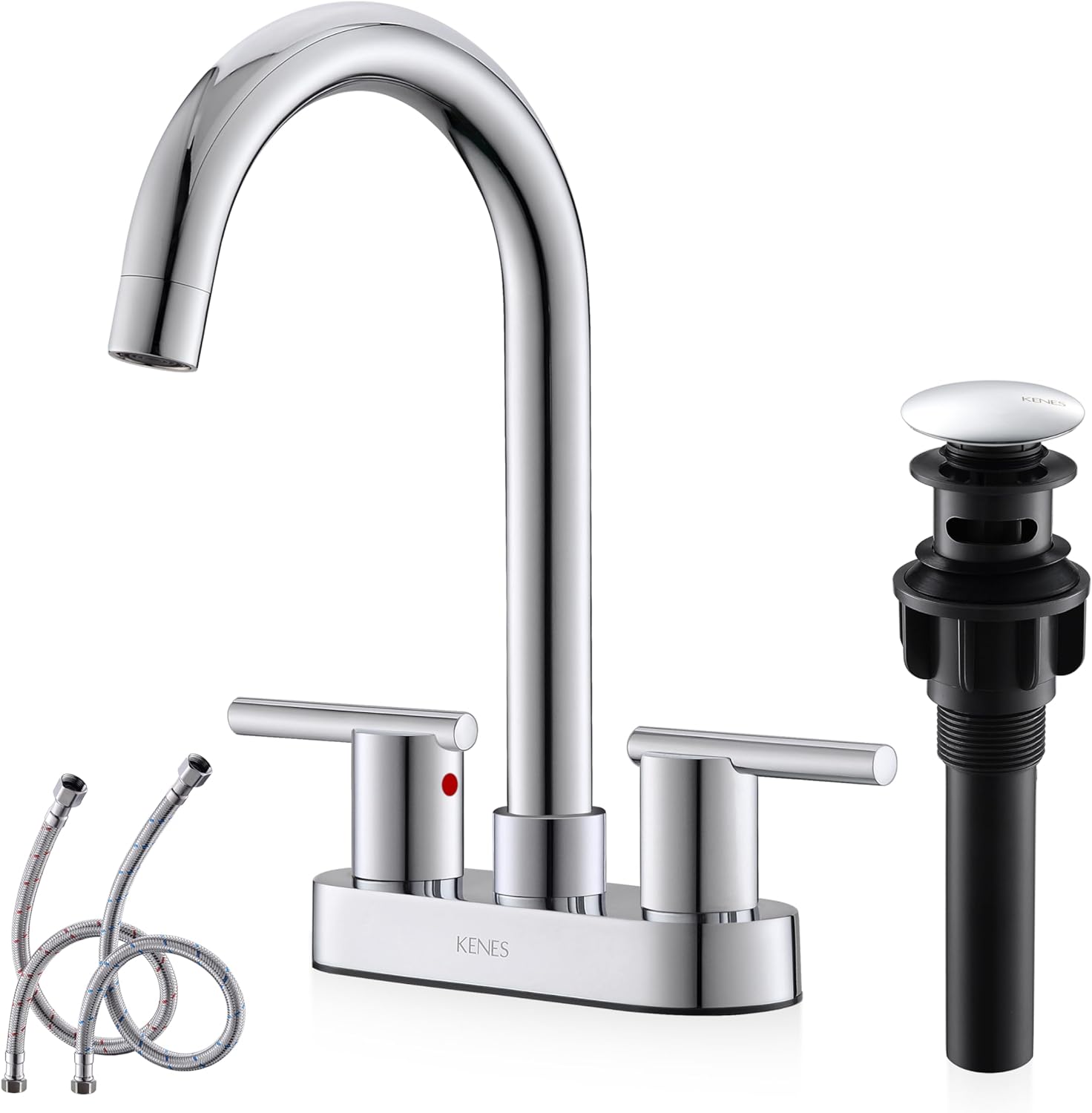 KENES 4 Inch 2 Handle Centerset Bathroom Faucet, Chrome Modern Commercial Bathroom Sink Faucet 3 Hole, Lavatory Vanity Faucet with Pop Up Drain and Water Supply Lines, KE-9019-5