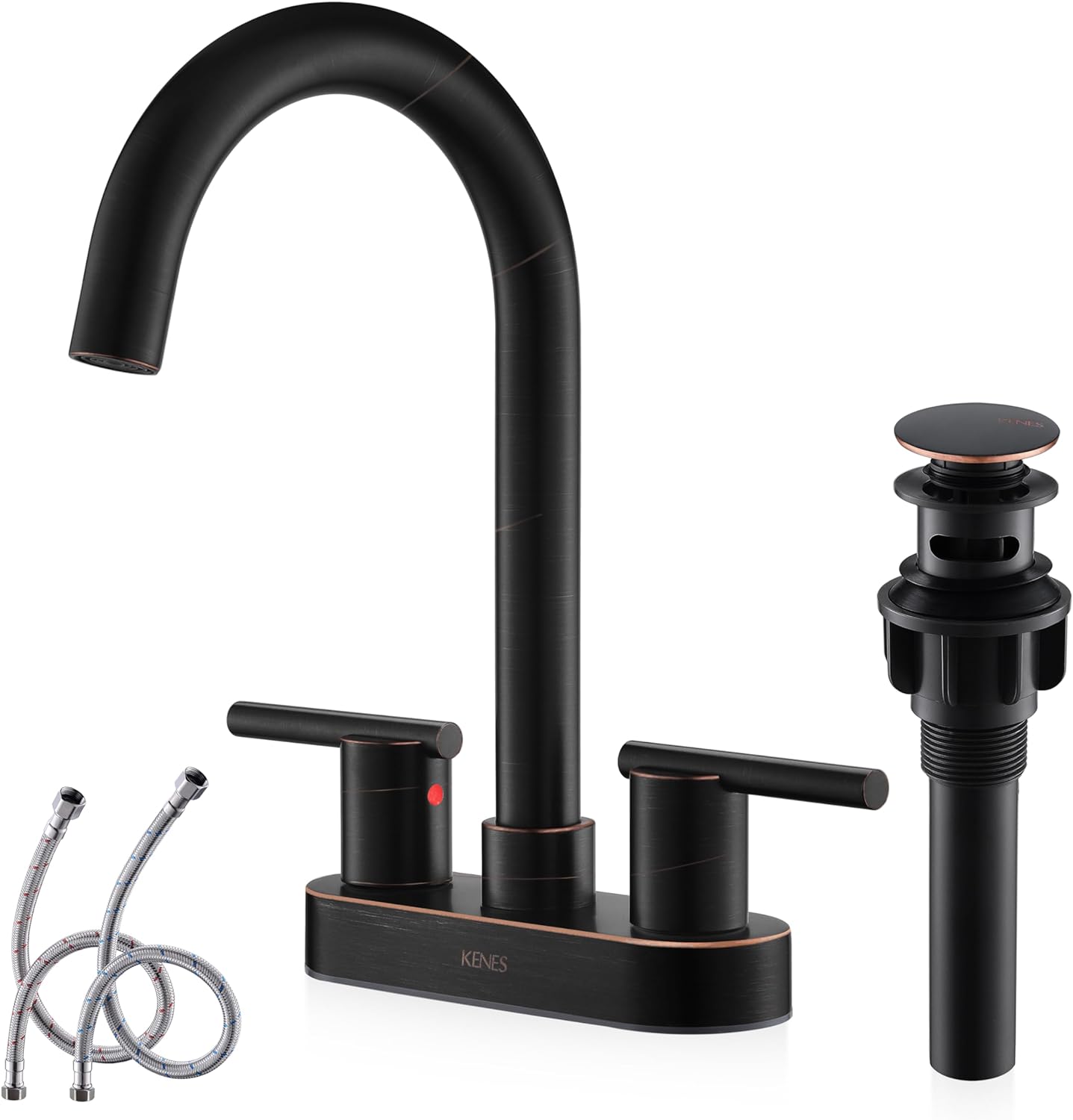 KENES Oil Rubbed Bronze 4 Inch 2 Handle Centerset Bathroom Sink Faucet, Modern Bathroom Faucet 3 Hole, Lavatory Vanity Faucet with Pop Up Drain and Water Supply Lines, KE-9019-8