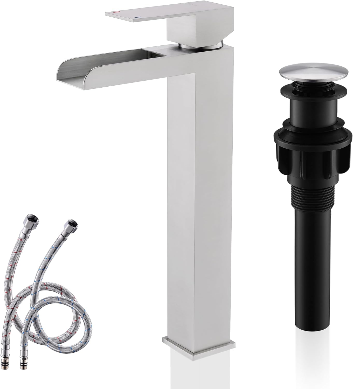 KENES Tall Bathroom Vessel Sink Faucet, Brushed Nickel Tall Waterfall Bathroom Faucet, Single Handle Waterfall Bathroom Faucet Lavatory Vanity Faucet with Pop Up Drain & Water Supply Hoses LJ-9035A