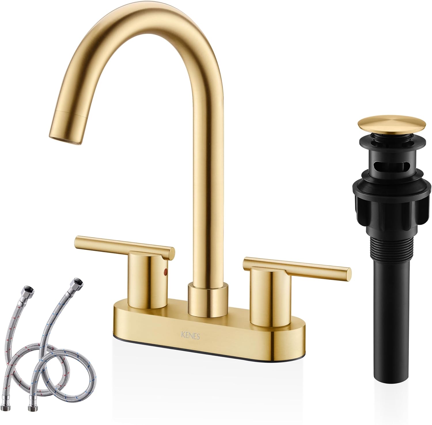 KENES Brushed Gold 4 Inch 2 Handle Centerset Bathroom Faucet, 3 Hole Gold Bathroom Sink Faucet, with Pop Up Sink Drain and Two Water Supply Lines, KE-9019-4