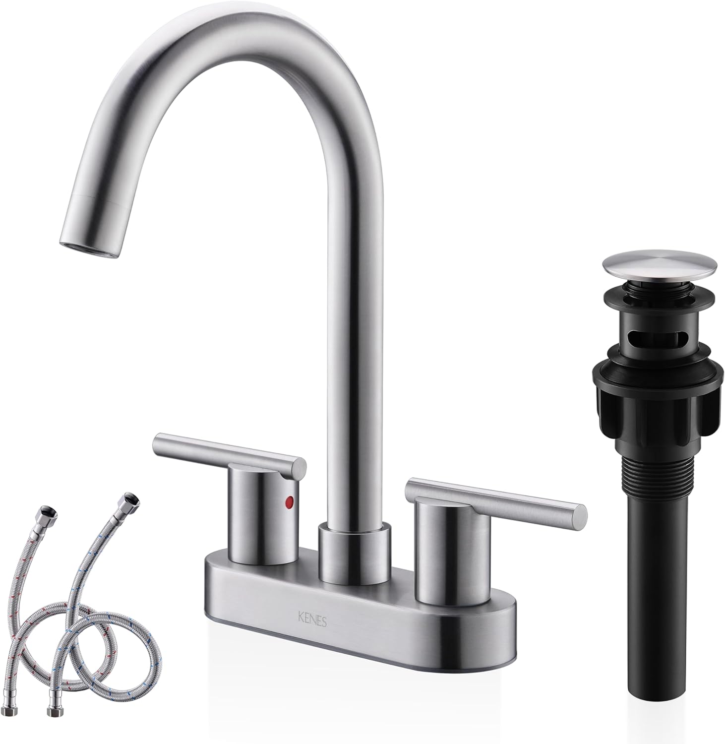 KENES 4 Inch 2 Handle Centerset Bathroom Faucet, Brushed Nickel Lead-Free Modern Commercial Bathroom Sink Faucet, with Pop Up Drain and Two Water Supply Lines, KE-9019