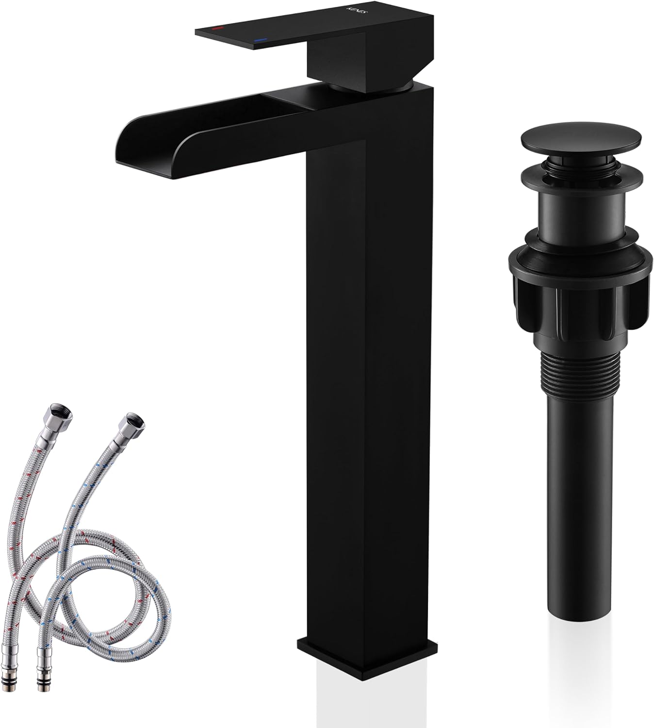 KENES Tall Bathroom Vessel Sink Faucet, Matte Black Tall Waterfall Bathroom Faucet, Single Handle Waterfall Bathroom Faucet Lavatory Vanity Faucet with Pop Up Drain & Water Supply Hoses LJ-9035A-2