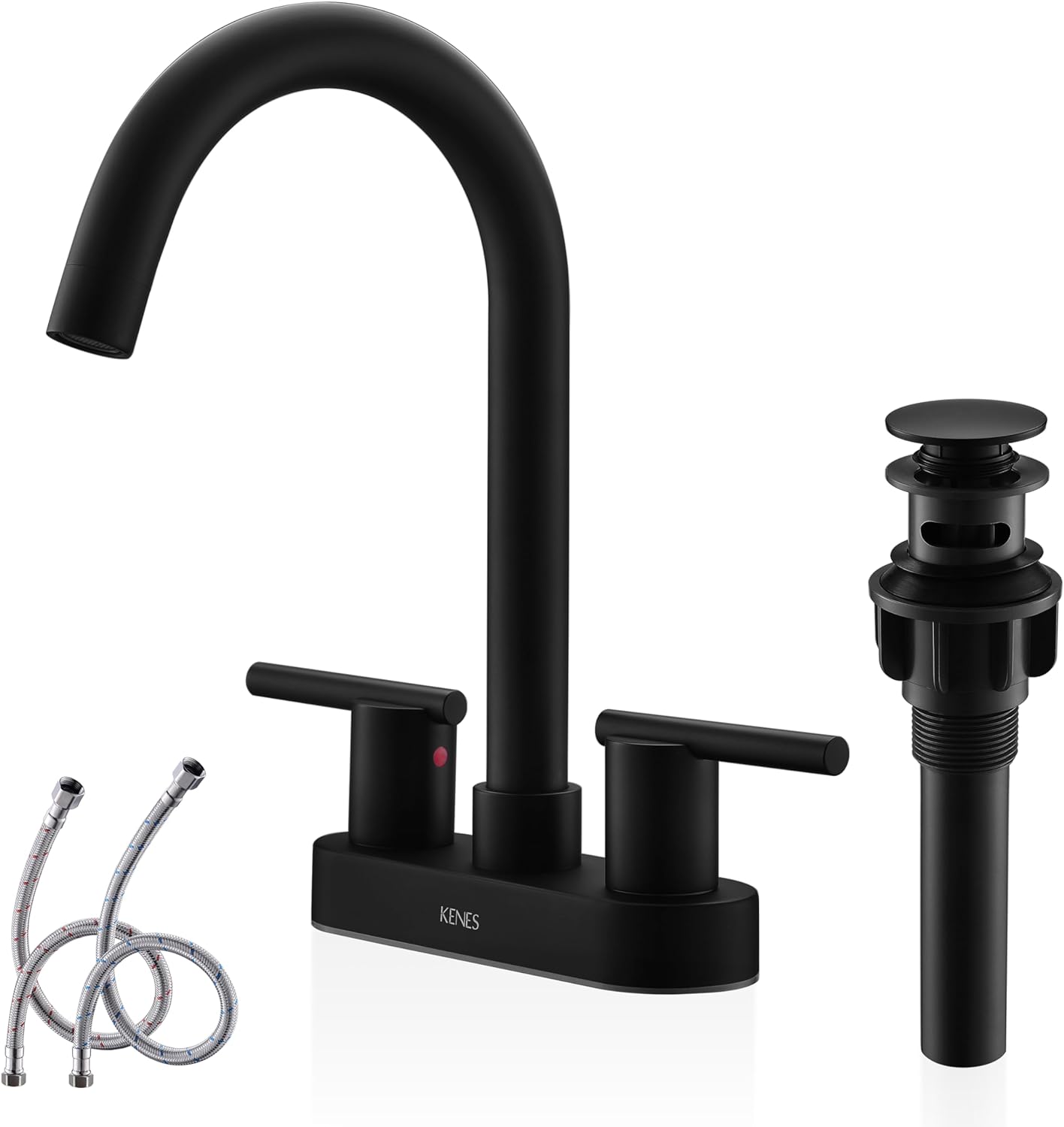 KENES 4 Inch 2 Handle Centerset Matte Black Bathroom Faucet, Modern Commercial Two Handle Black Bathroom Sink Faucet, with Pop Up Sink Drain and Two Water Supply Lines, KE-9019-2