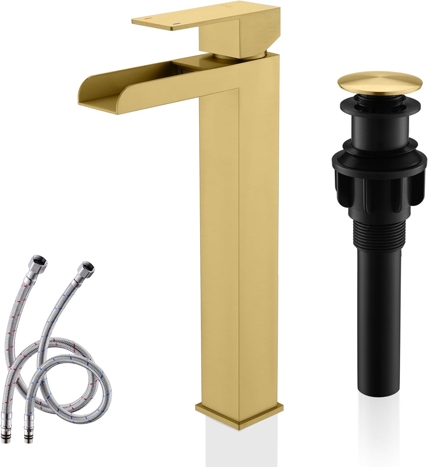 KENES Gold Vessel Sink Facuet Brushed Gold Tall Bathroom Sink Faucet Waterfall Bathroom Faucet Single Handle Bathroom Vanity Faucet with Pop Up Drain & Lead-Free Water Supply Hoses, LJ-9035A-4