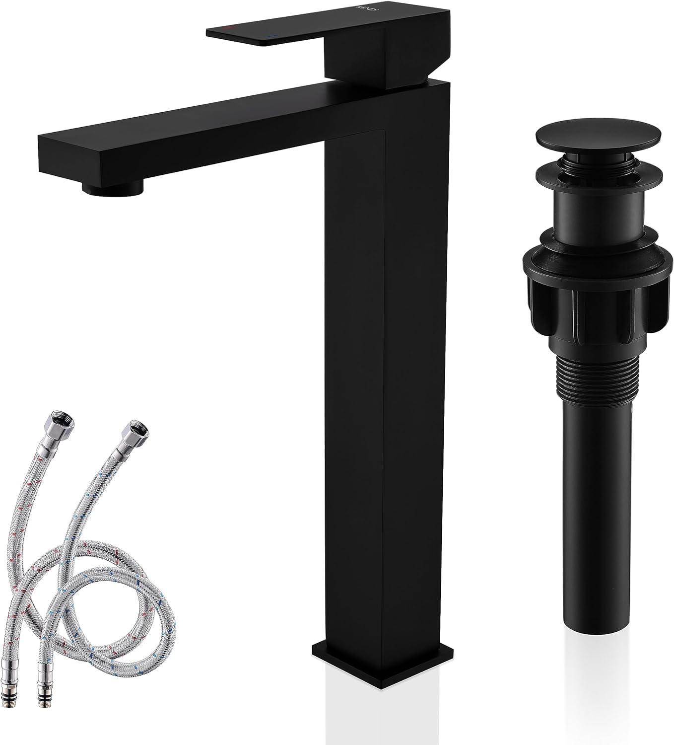 KENES Matte Black Bathroom Faucet Single Handle Tall Vessel Sink Faucet Vanity Bathroom Faucet Basin Mixer Tap with Water Supply Hose and Pop Up Sink Drain, LJ-9031A-2