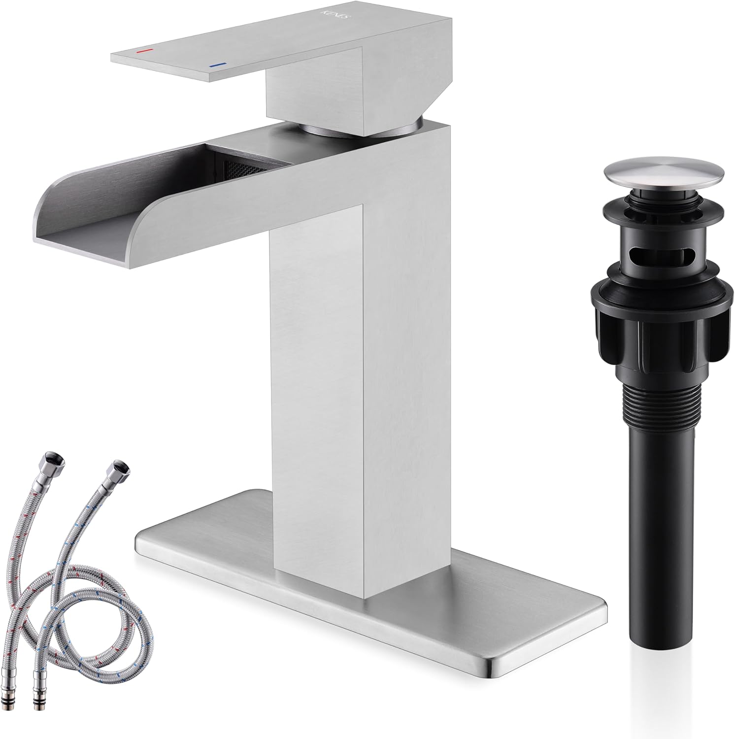 KENES Waterfall Bathroom Sink Faucet, Brushed Nickel Single Handle Bathroom Faucet with Faucet Escutcheons, Pop Up Drain Stopper & Lead-Free Water Supply Hoses LJ-9035