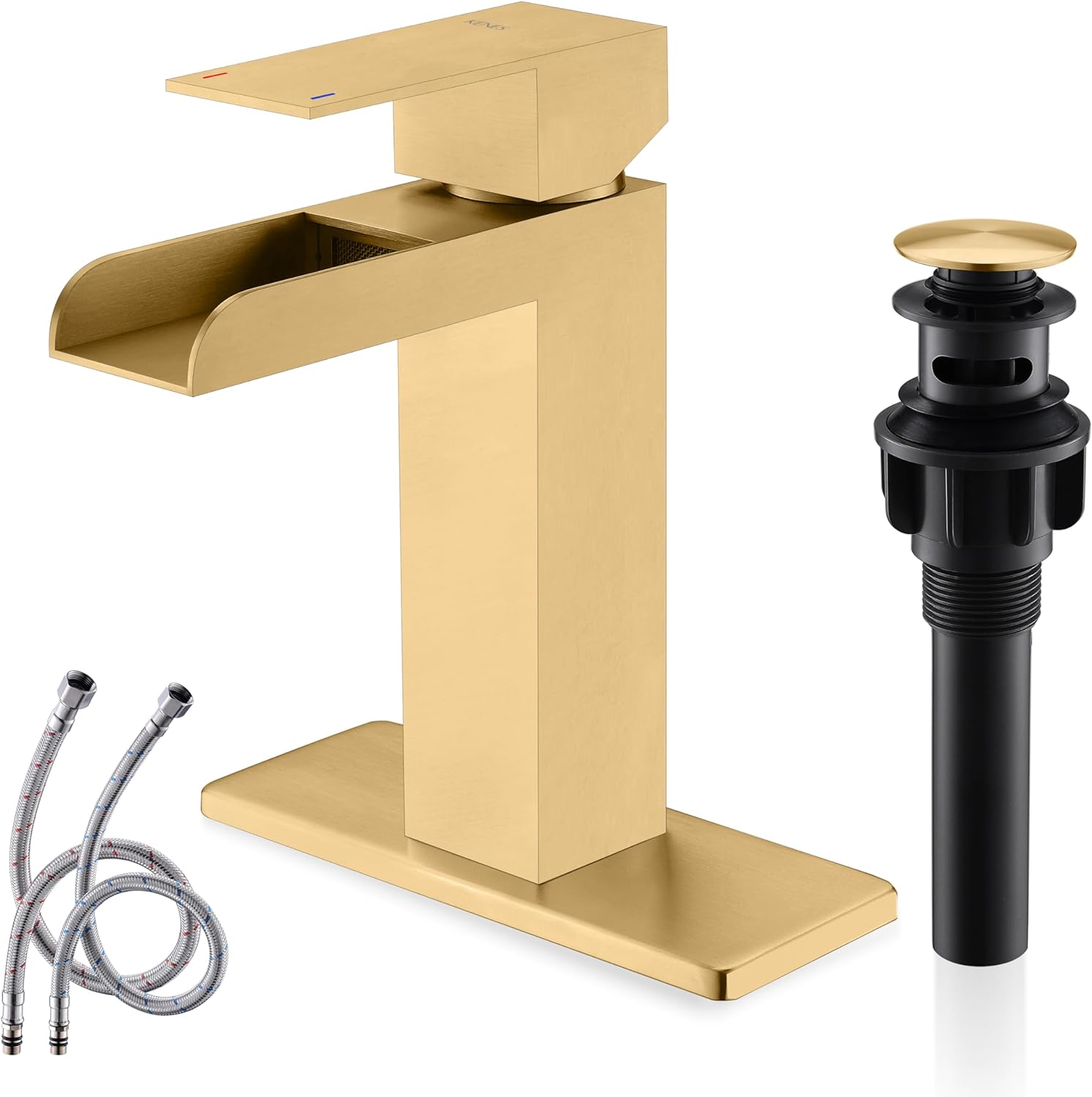 KENES Brushed Gold Waterfall Bathroom Faucet, Modern Single Hole Faucet, Gold Single Handle Bathroom Sink Faucet, with Pop Up Drain & Water Supply Hoses LJ-9035-4