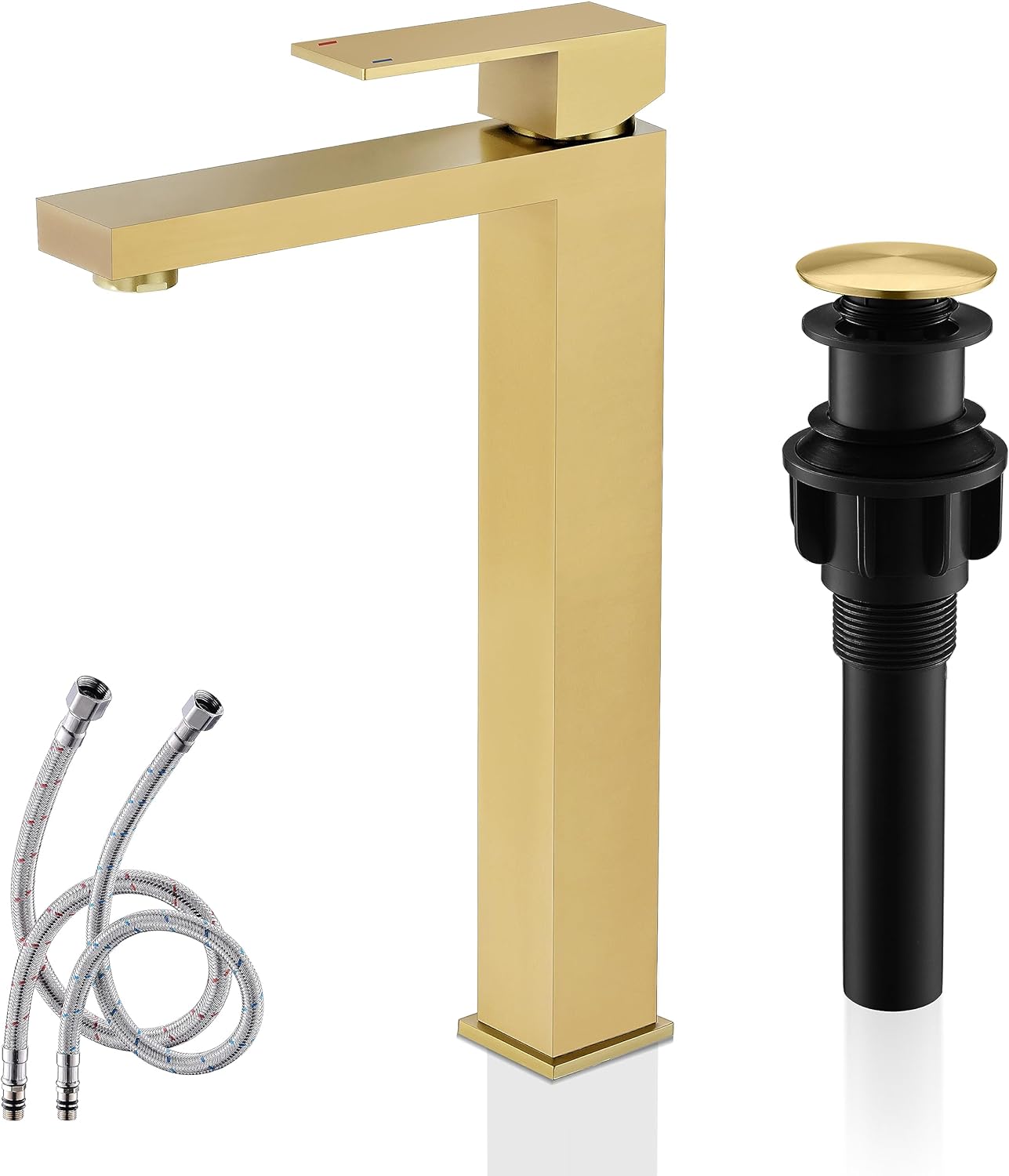 KENES Brushed Gold Tall Bathroom Faucet, Single Handle Bathroom Vessel Sink Faucet Vanity Bathroom Faucet with Water Supply Hose and Pop Up Sink Drain, LJ-9031A-4