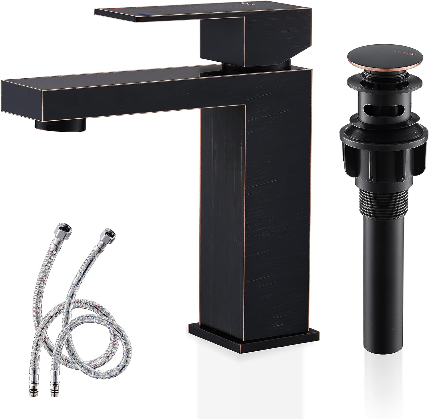 KENES Oil Rubbed Bronze Single Handle Bathroom Sink Faucet Single Hole Bathroom Vanity Faucet with Pop Up Drain & Supply Lines LJ-9031-8