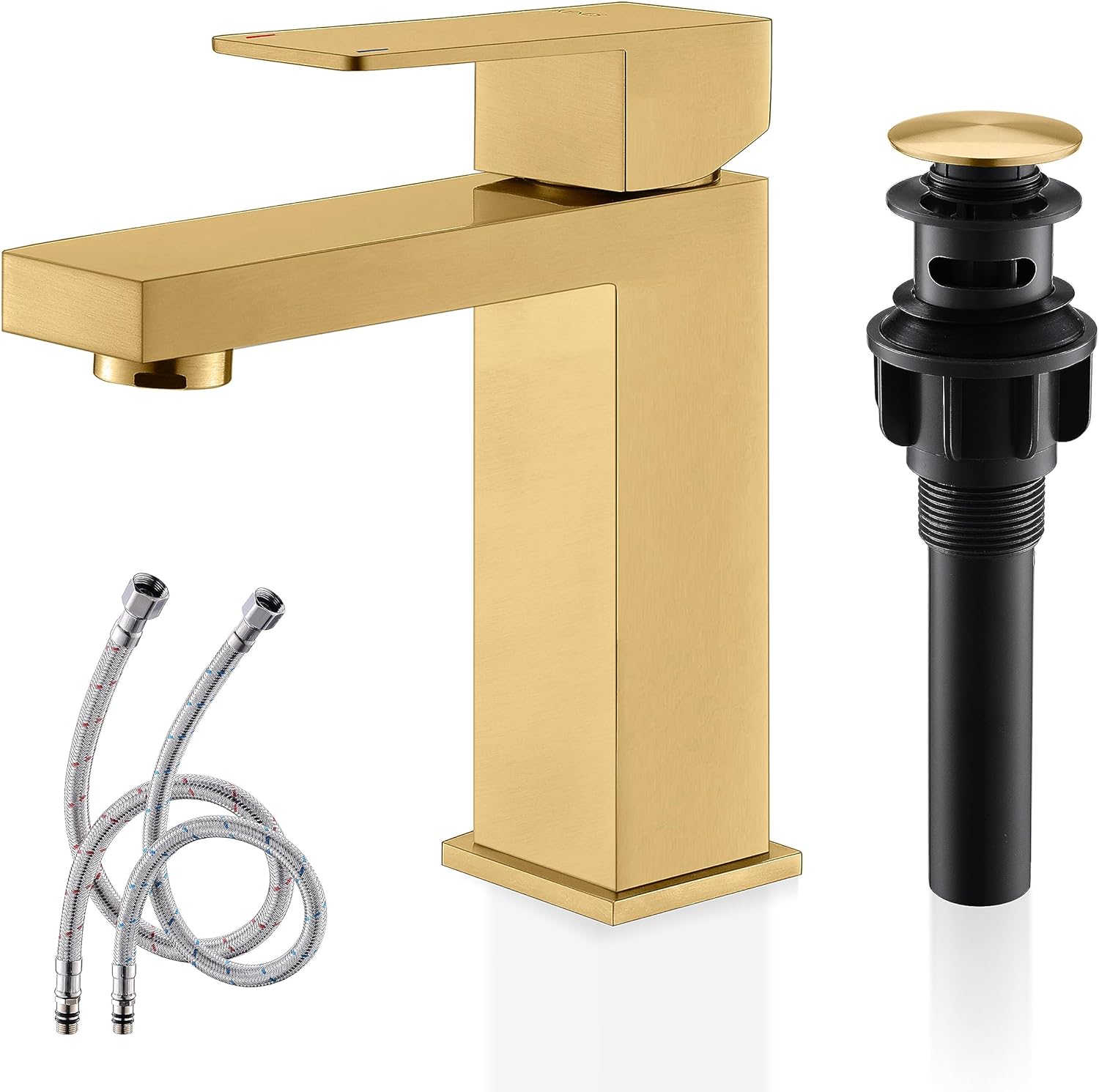 KENES Brushed Gold Bathroom Faucet, Modern Single Hole Lavatory Vanity Faucet, Single Handle Bathroom Sink Faucet Gold, with Pop Up Drain & Water Supply Hoses LJ-9031-4