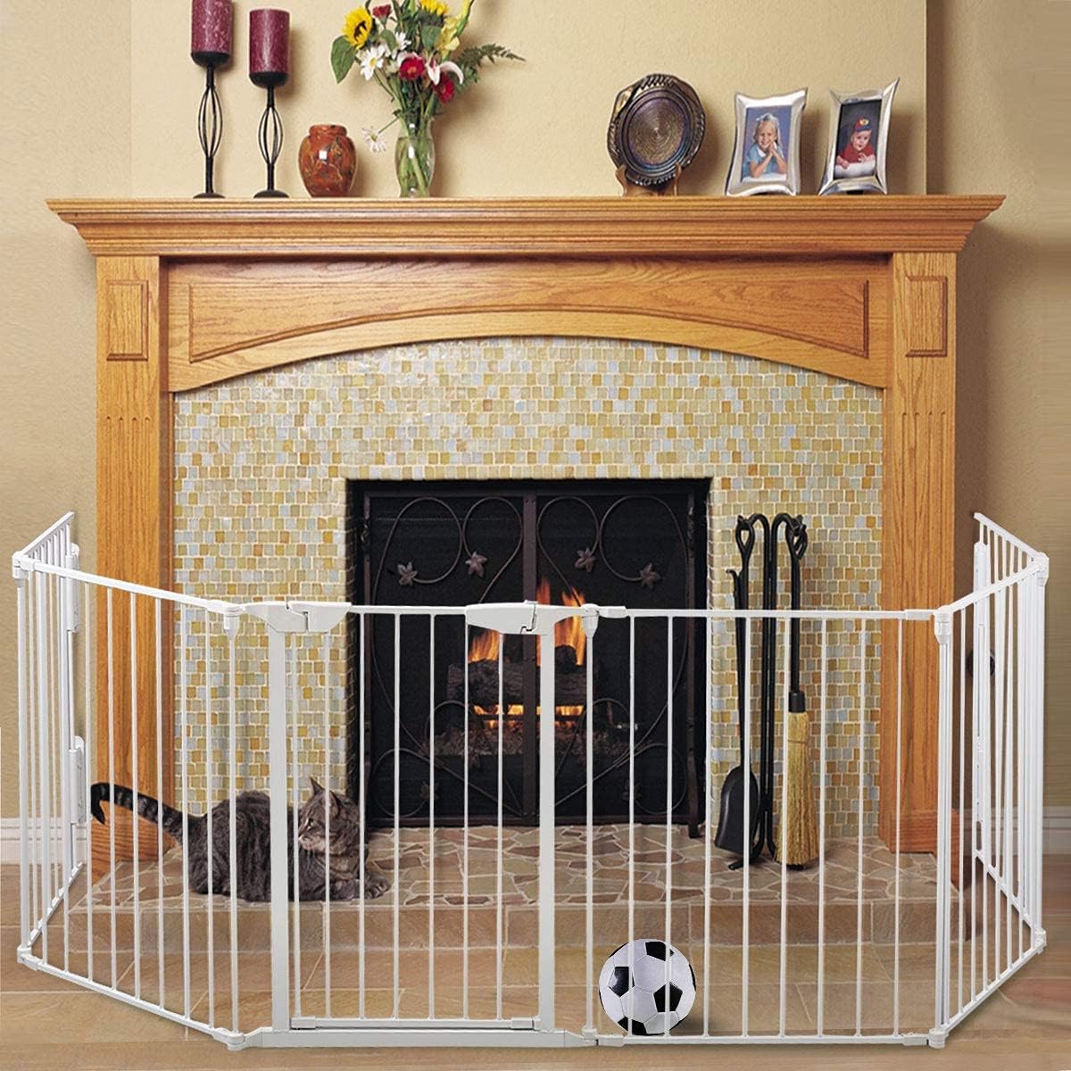 Sandinrayli Fireplace Baby Gate 4 in 1 Child Safety Fireplace Playpen 146 Inch 6 Panel Wide Barrier Pet Gate Guard Metal Fence (White)