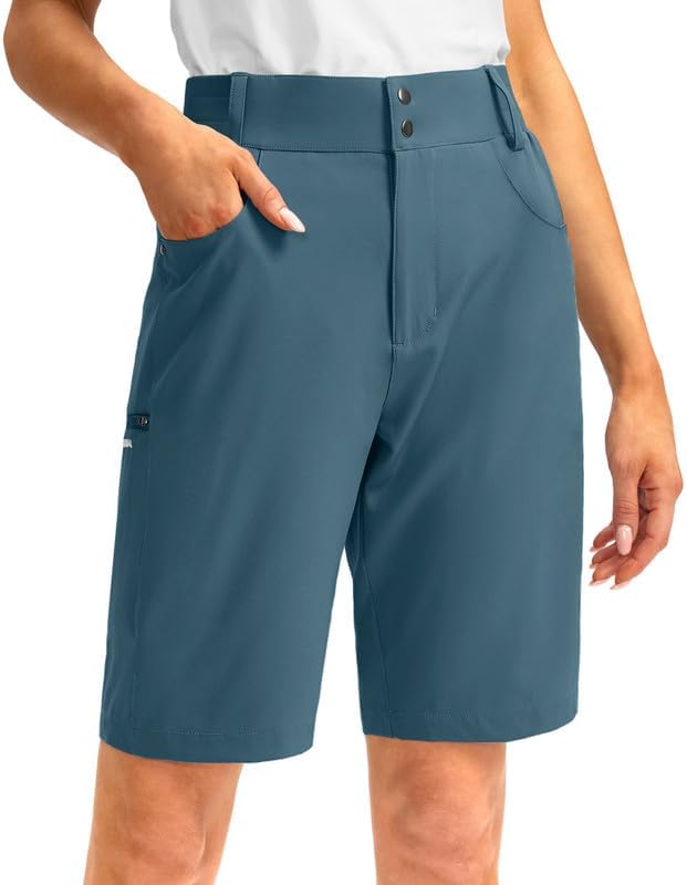 Women' Long Golf Hiking Shorts with Pockets 10 Quick Dry Lightweight Cargo Bermuda Shorts for Women Knee Length