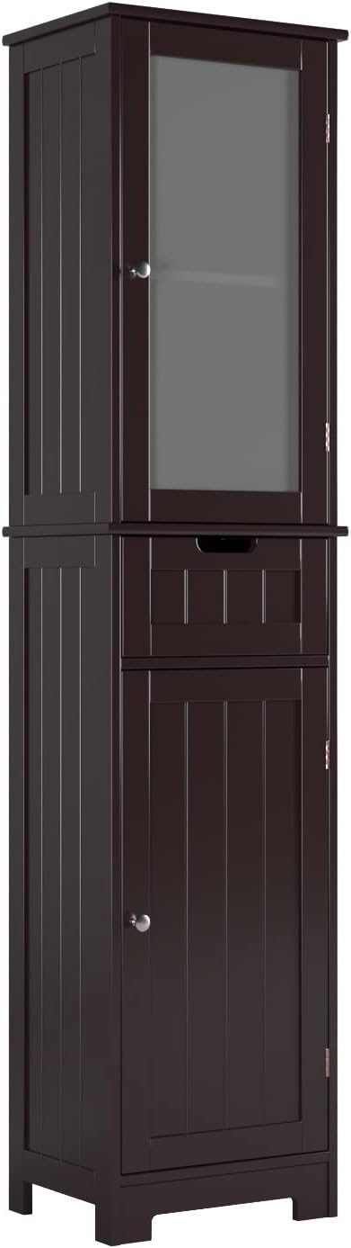 HORSTORS Bathroom Cabinet, Storage Cabinet with 2 Door & 1 Drawer, Floor Freestanding Cabinet with Adjustable Shelves, Narrow Tall Cabinet for Bathroom, Living Room, Kitchen, Dark Brown