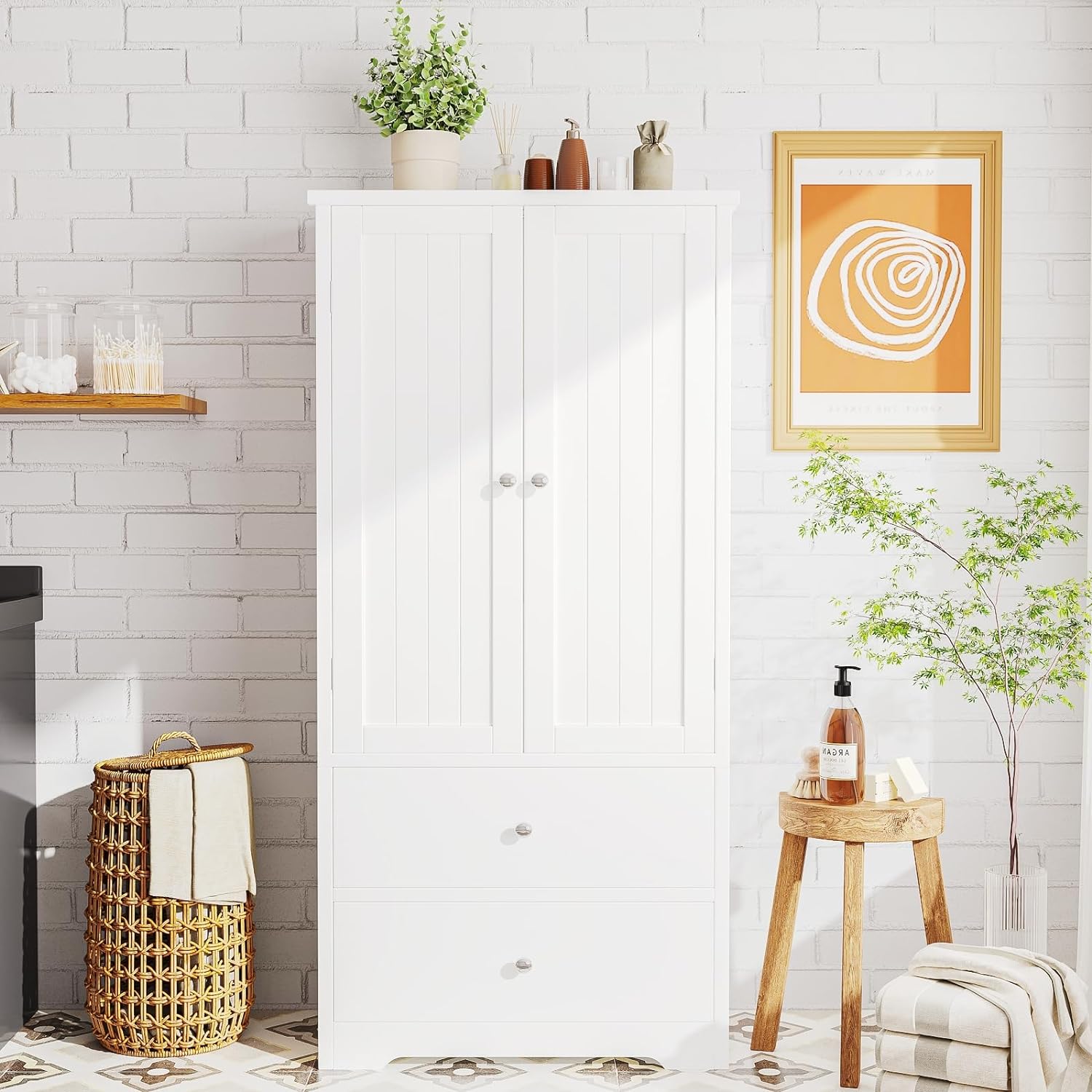 Rovaurx Tall Bathroom Storage Cabinet, Lined Floor Cabinet with 2 Drawers and Doors, Adjustble Shelf, Pantry Cabinet, Cupboard for Living Room, Office, Kitchen, White BMGZ109W