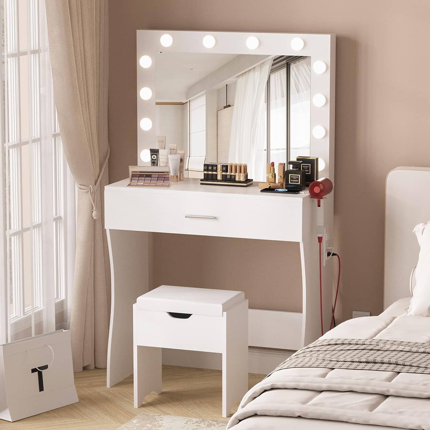 Makeup VanityDesk with Mirror and 12 Lights 3 Color Modes, White Vanity Table for Bedroom with Charging Station, Vanity Set with Large Mirror and Storage Stool