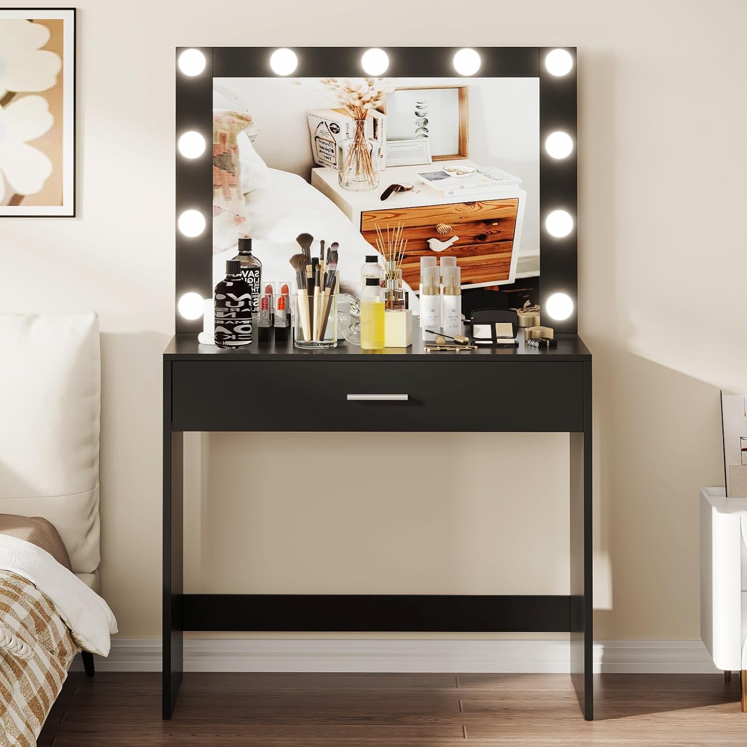 Rovaurx Vanity Table with Large Lighted Mirror, Makeup Vanity Dressing Table with Drawer, Bedroom Dressing Desk for Women, Girls, 11 LED Light Bulbs & Adjustable Brightness, Black RSZT105B