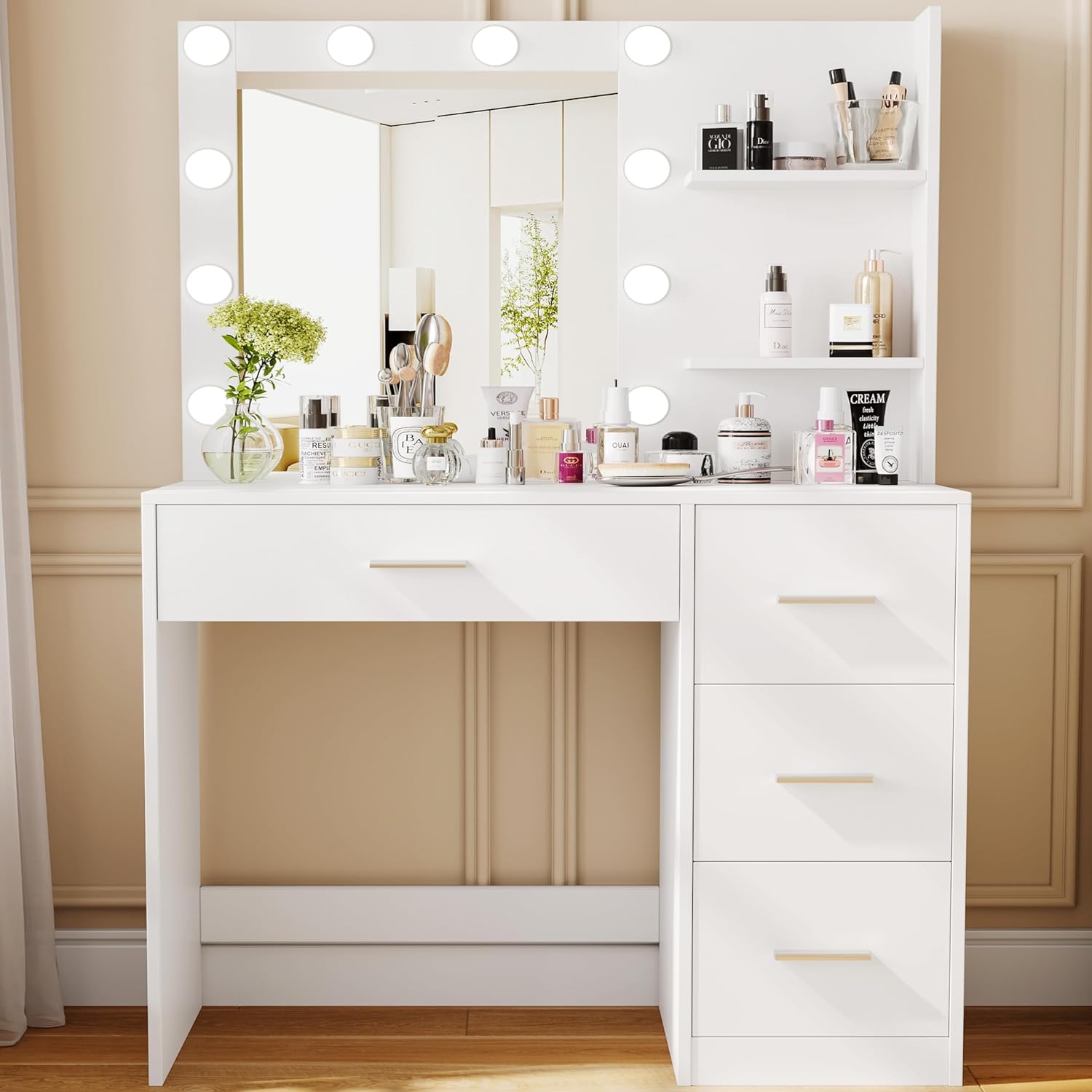 Rovaurx Makeup Vanity Table with Lighted Mirror, Makeup Vanity Desk with Storage Shelf and 4 Drawers, Bedroom Dressing Table, 10 LED Lights, White RSZT104W