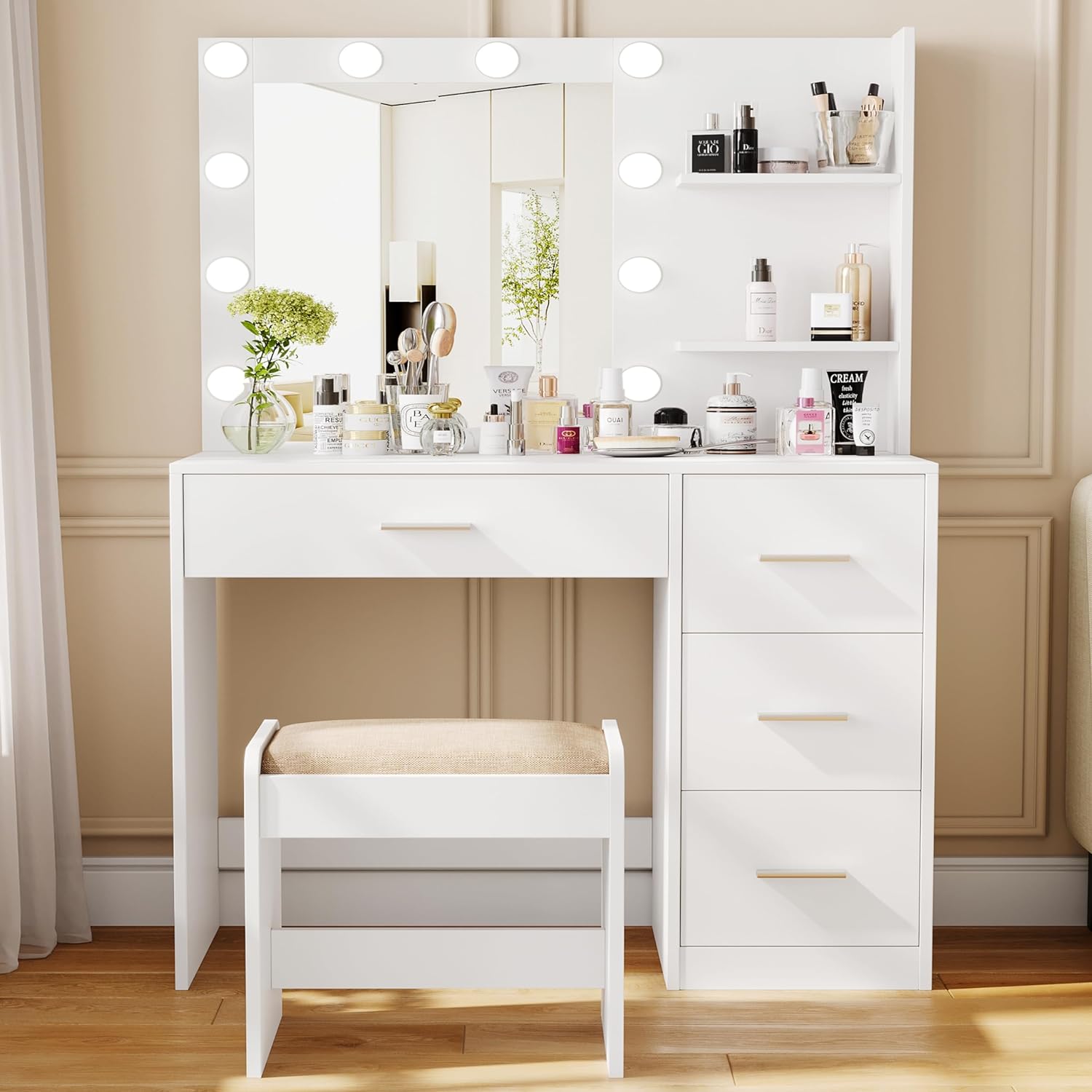 Rovaurx Makeup Vanity Table Set with Lighted Mirror, Makeup Vanity with Storage Shelf and 4 Drawers, for Mother' Day, Bedroom Dressing Table, Cushioned Stool & 10 LED Lights, White RSZT104WD