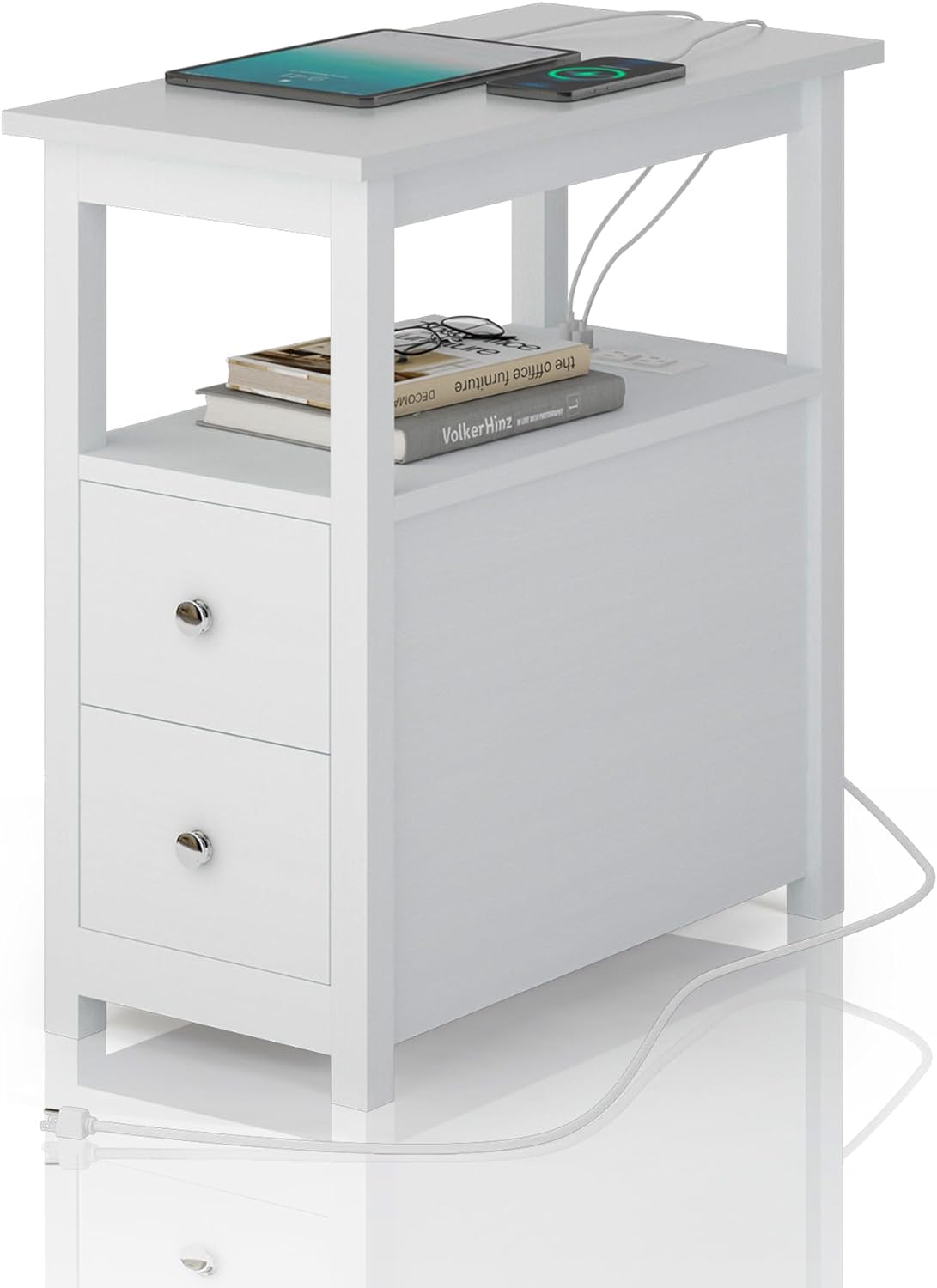 Sandinrayli End Table with Charging Station, Side Table with 2 Drawer & USB Ports & Power Outlets, Nightstand for Small Spaces, Bedside Tables for Living Room White
