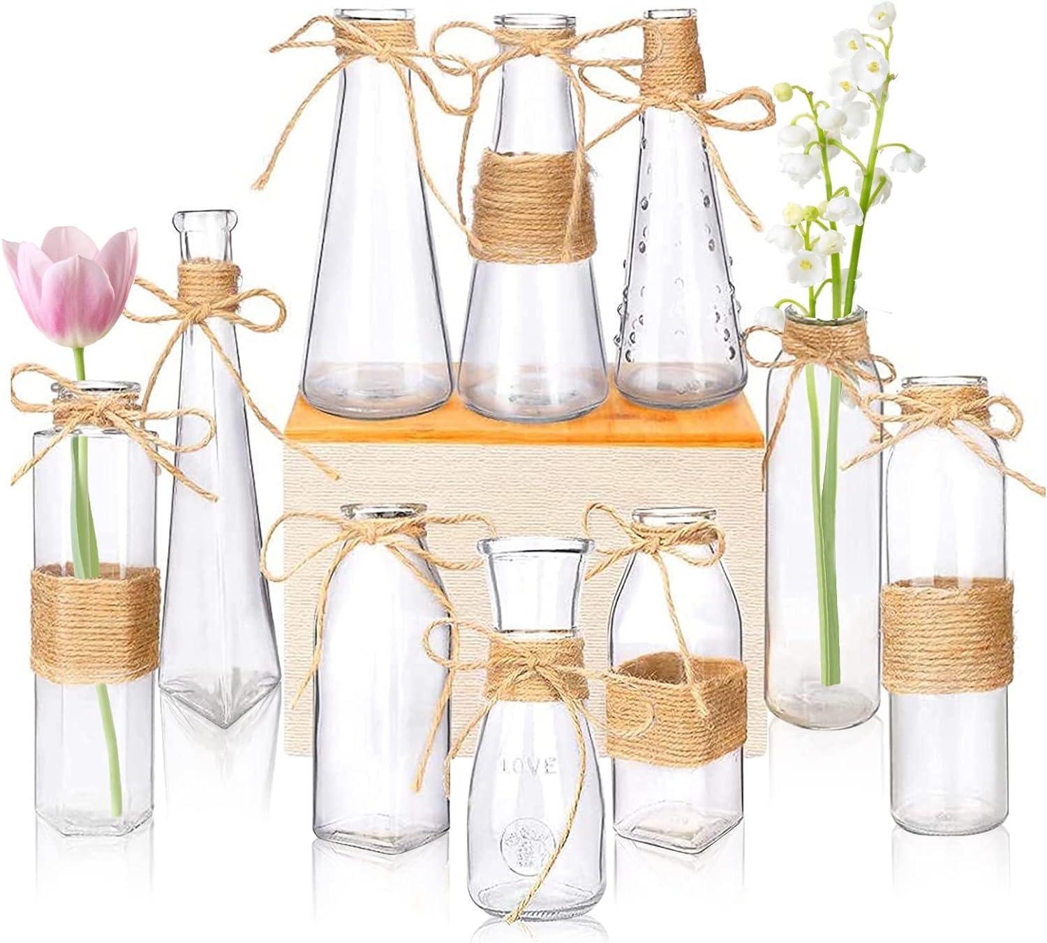 10pcs Small Bud Glass Vases for Flowers Wedding Decorations,Vases for Centerpieces,Mini Vintage Glass Flower Vase with Rope Design and Differing Unique Shapes for Flower Table Home Decoration