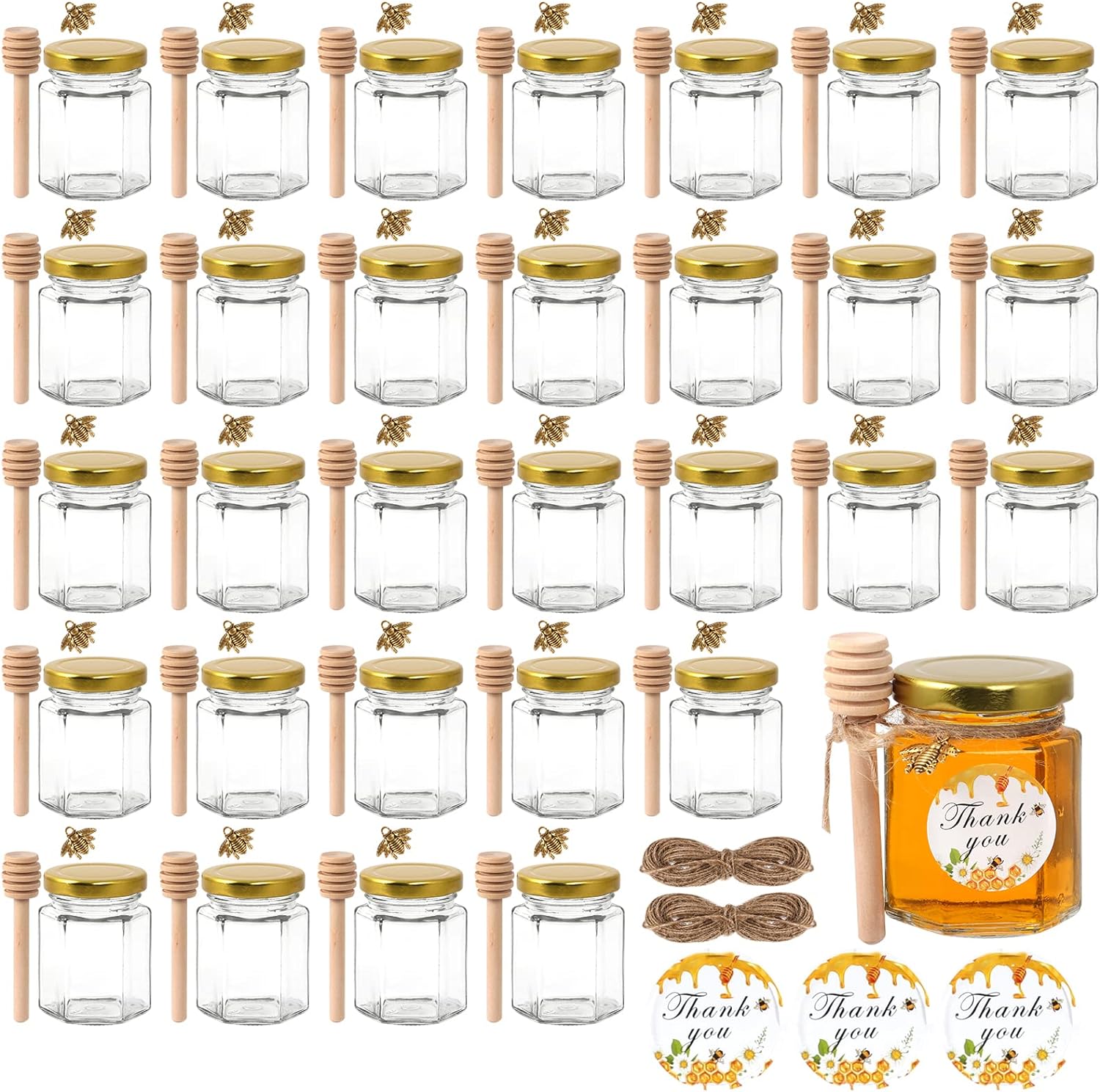 BIGIVACA 3 Ounce Hexagonal Mini Glass Honey Jar with Wooden Dips, 30 Honey Jars with Gold Lid, Bee Pendant, Jute, 35 Bees Stickers, Great for Baby Showers, Party Gifts, Wedding Gifts