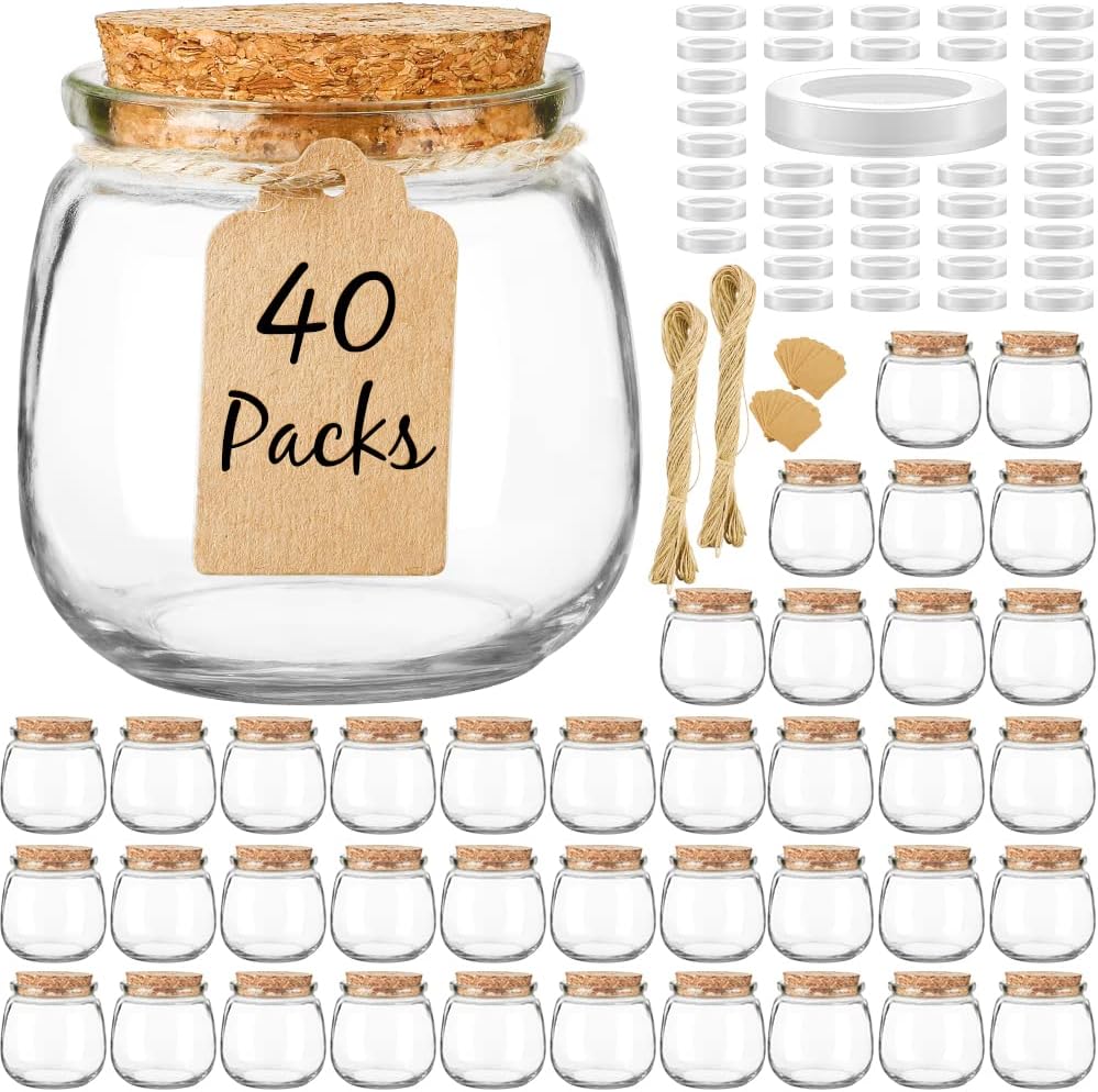 40 Pack Empty Candle Jars for Making, 7oz Small Glass with Cork Lids, Honey PE Lids Wedding Favor, DIY Gift, Baby Shower, Spices, Twine, Labels, Tags