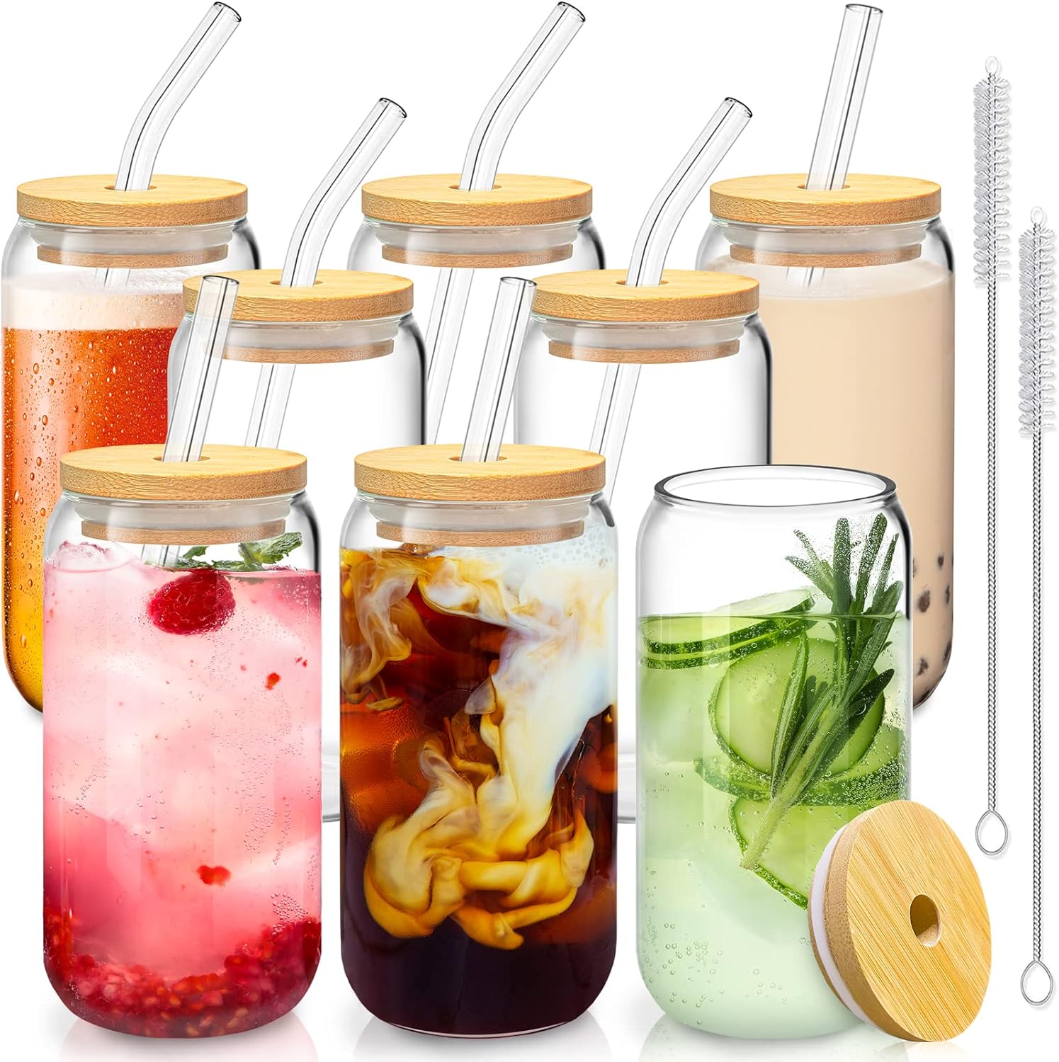 8 Pcs Drinking Glasses with Bamboo Lids and Glass Straw - 16 Oz Can Shaped Glass Cups Beer, Ice Coffee Glasses Cute Tumbler Cup Great for Soda Boba Tea Cocktail Include 2 Cleaning Brushes