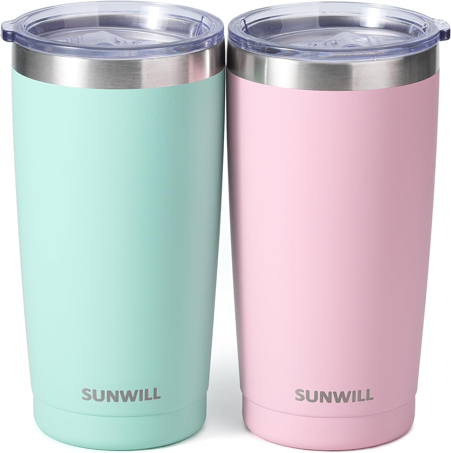 SUNWILL Insulated Coffee Mug Set of 2, 20 oz Tumbler with Lid, Stainless Steel Vacuum Double Wall Travel Mug (Sakura & Mint), Thermal Cup with Spill Proof Sliding Lid