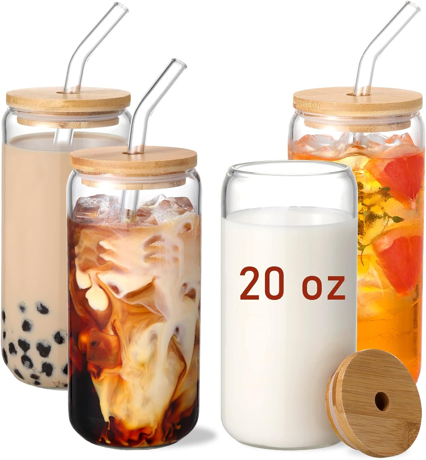 VITEVER 20 OZ Glass Cups with Bamboo Lids and Glass Straw - 4pcs Set Beer Can Shaped Drinking Glasses, Iced Coffee Glasses, Cute Tumbler Cup, Aesthetic Coffee Bar Accessories, Gifts