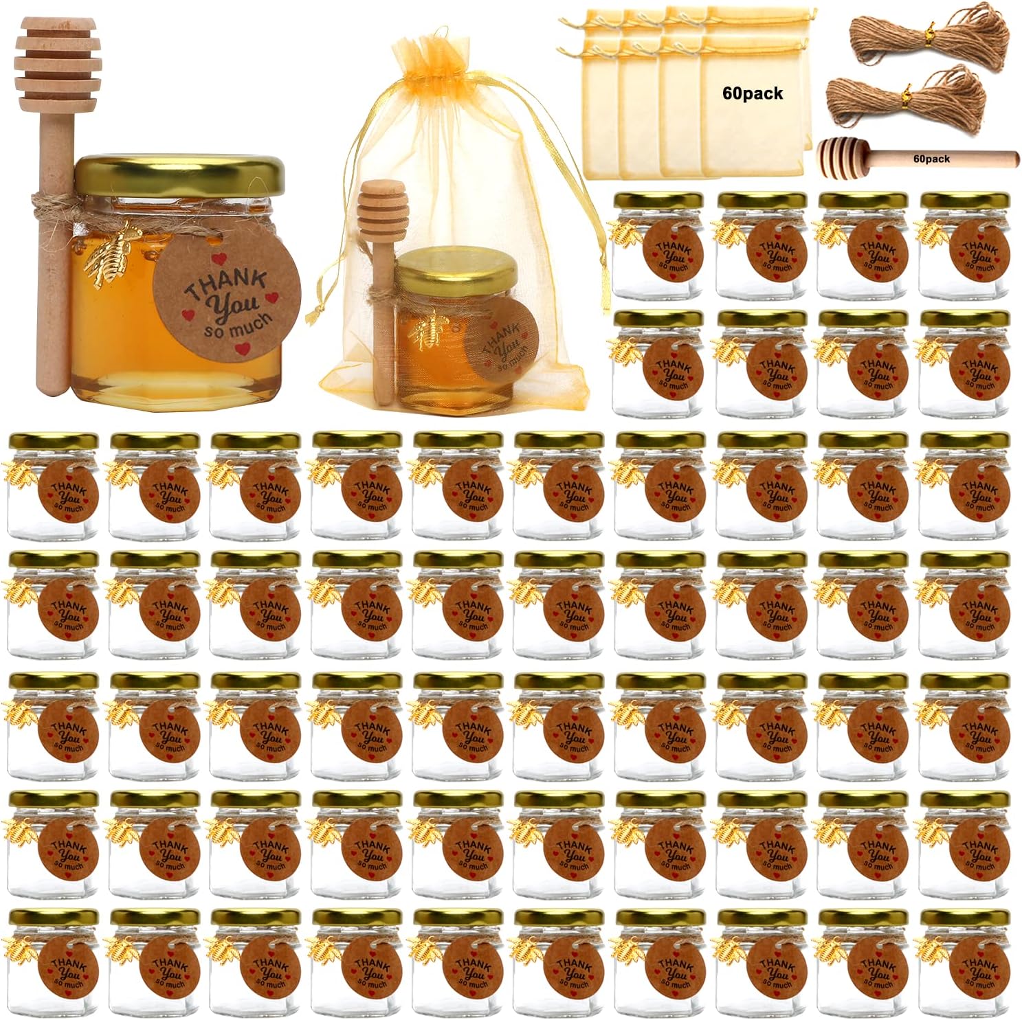 60 PACK 1.5 oz Mini Glass Honey Jar, Small Hexagonal Honey Jars with Wooden Dipper Gold Lid Bee Charms Gold Gift Bags and Rope for Baby Shower Wedding Party Favors