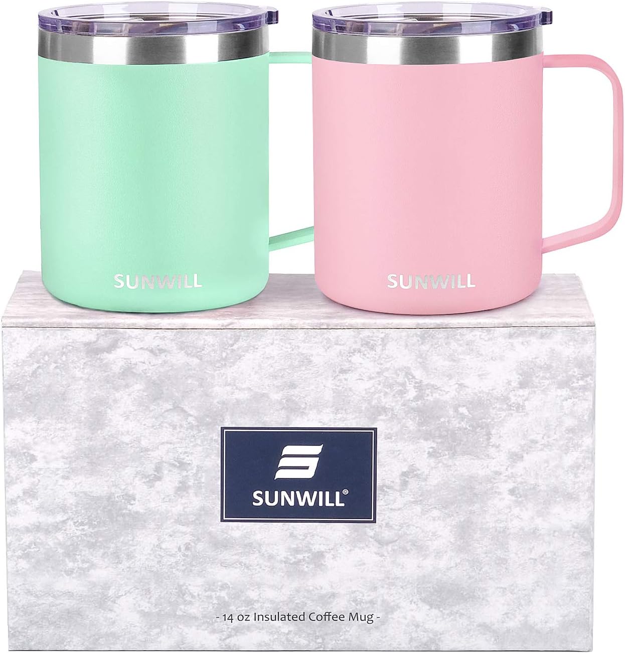 SUNWILL 14 oz Coffee Mug Set, Vacuum Insulated Camping Mug with Lid, Double Wall Stainless Steel Travel Tumbler, Coffee Cup Outdoor, Powder Coated Sakura & Mint 2 Pack