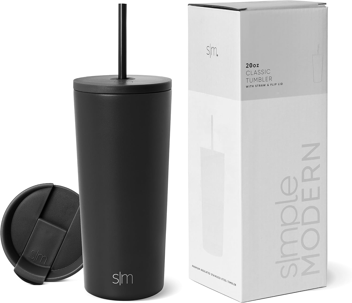 Simple Modern Insulated Tumbler with Lid and Straw | Iced Coffee Cup Reusable Stainless Steel Water Bottle Travel Mug | Gifts for Women Men Her Him | Classic Collection | 20oz | Midnight Black