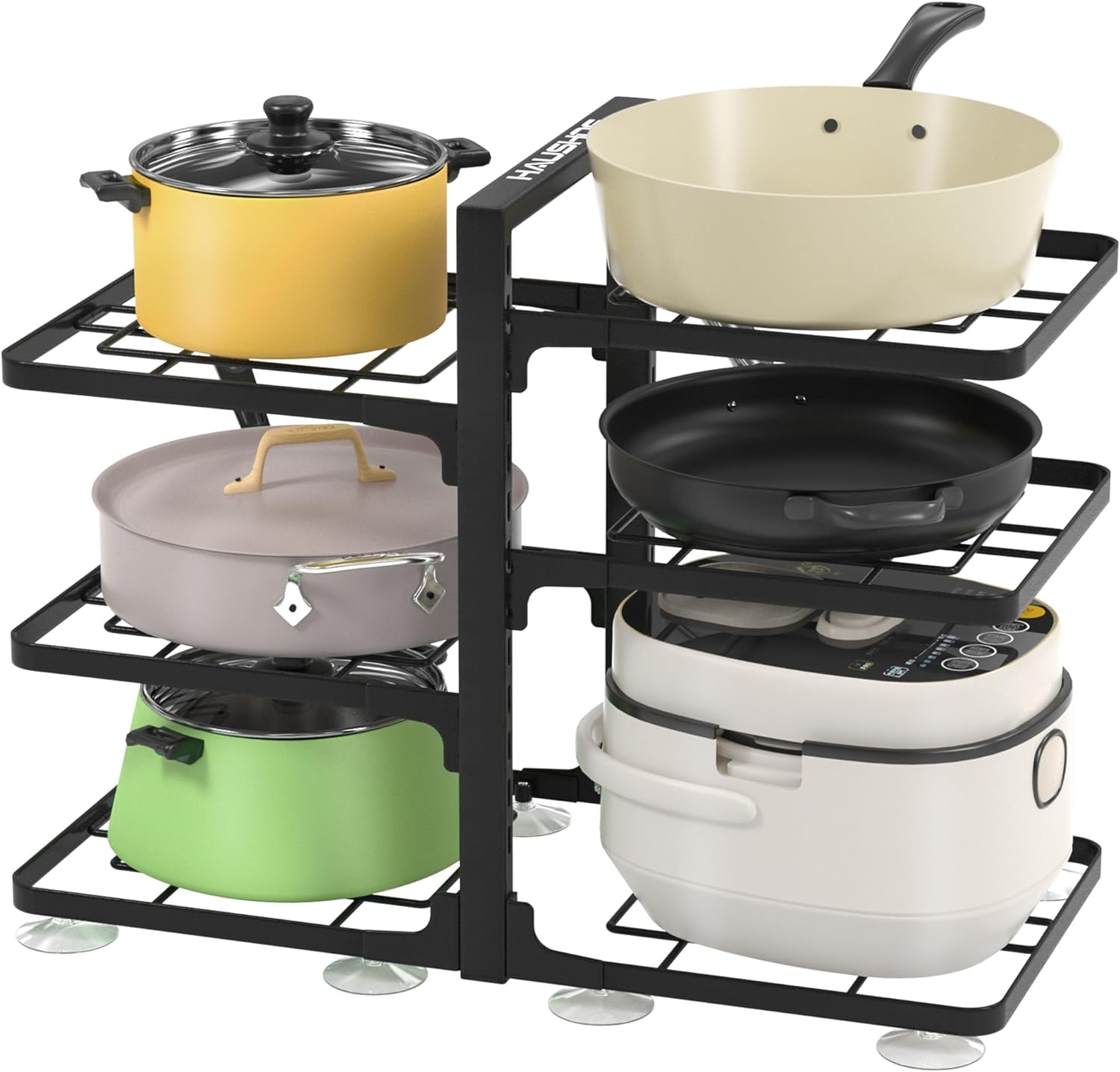 HAUSHOF Pots and Pans Organizer, 16 150LBS Heavy Duty Pot Holders for Kitchen, 6-Tier Adjustable Pan Rack under Cabinet with Suction Cup, Snap-on Cookware Storage Organization Pot Pan Stand Stacker