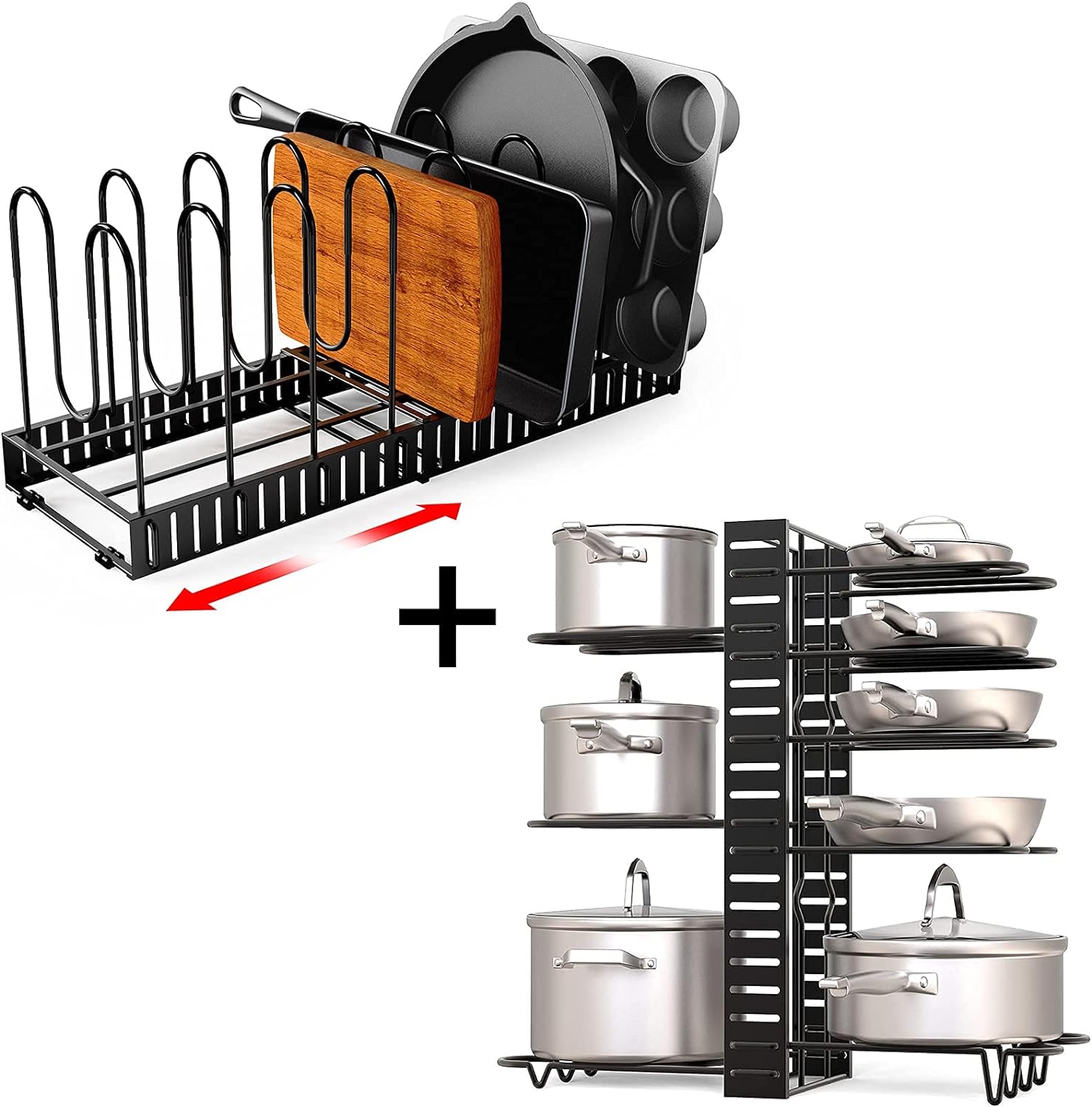 GeekDigg pan organization and storage, adjustable height and position pot rack organizer for cabinet