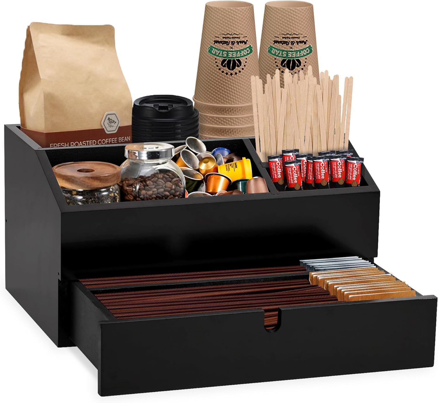 Sawowkuya Coffee Station Organizer with Drawer,Wooden K Cup Pods Holder with Drawer,Coffee Bar Organizer Station,Coffee Lovers Gift